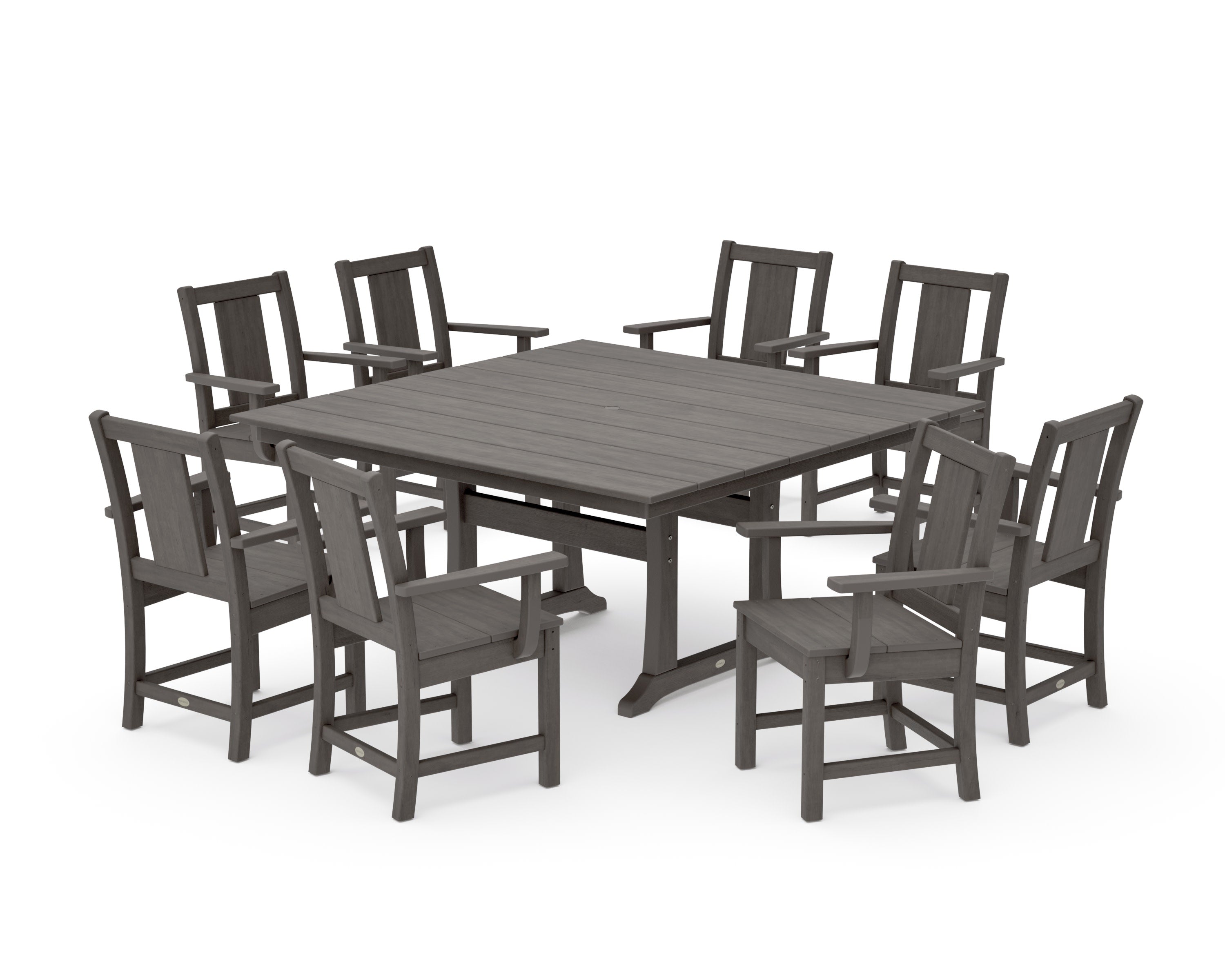 Prairie 9-Piece Square Farmhouse Dining Set with Trestle Legs in Driftwood