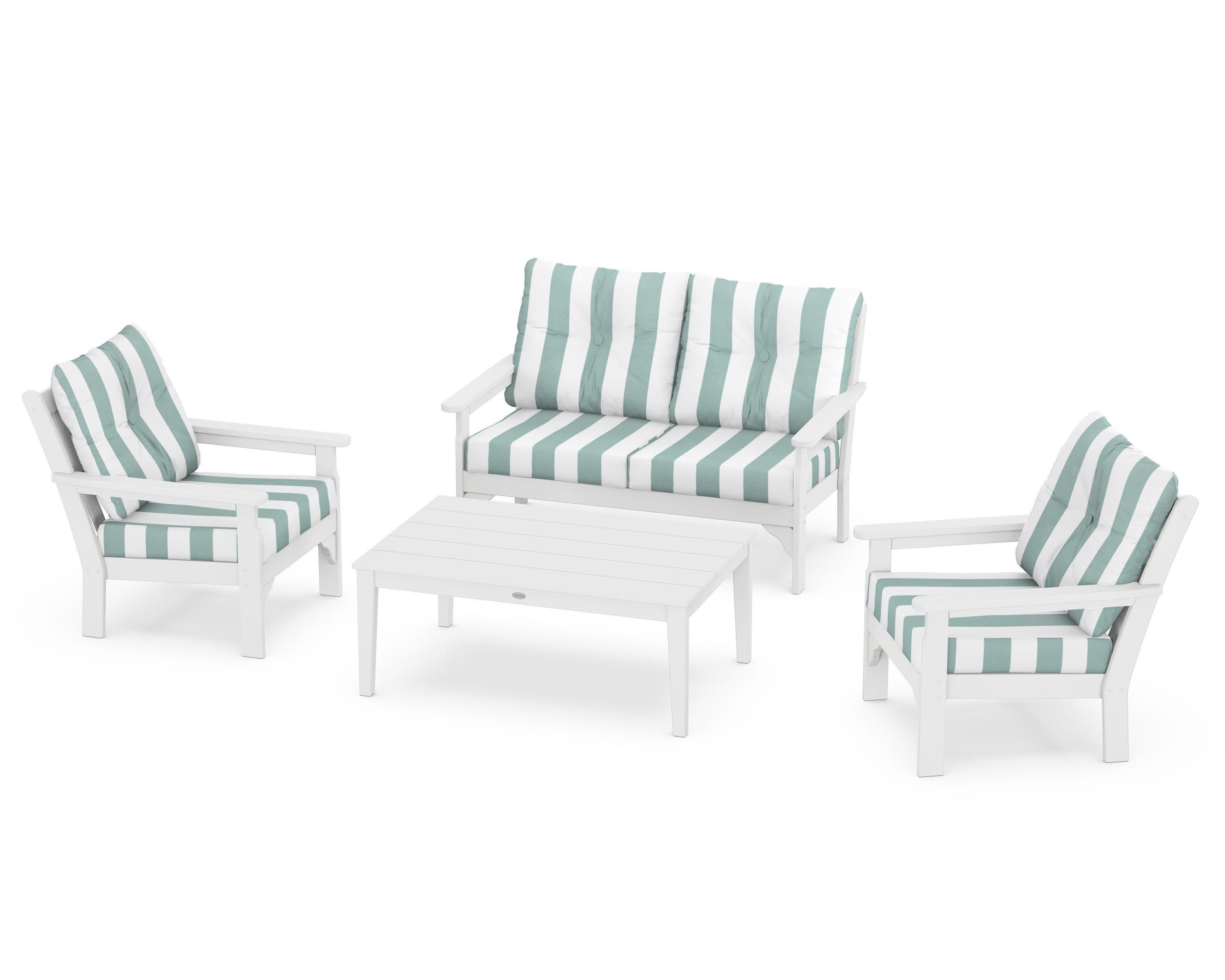 Vineyard 4-Piece Deep Seating Set in White / Cabana Stripe Glacier Spa