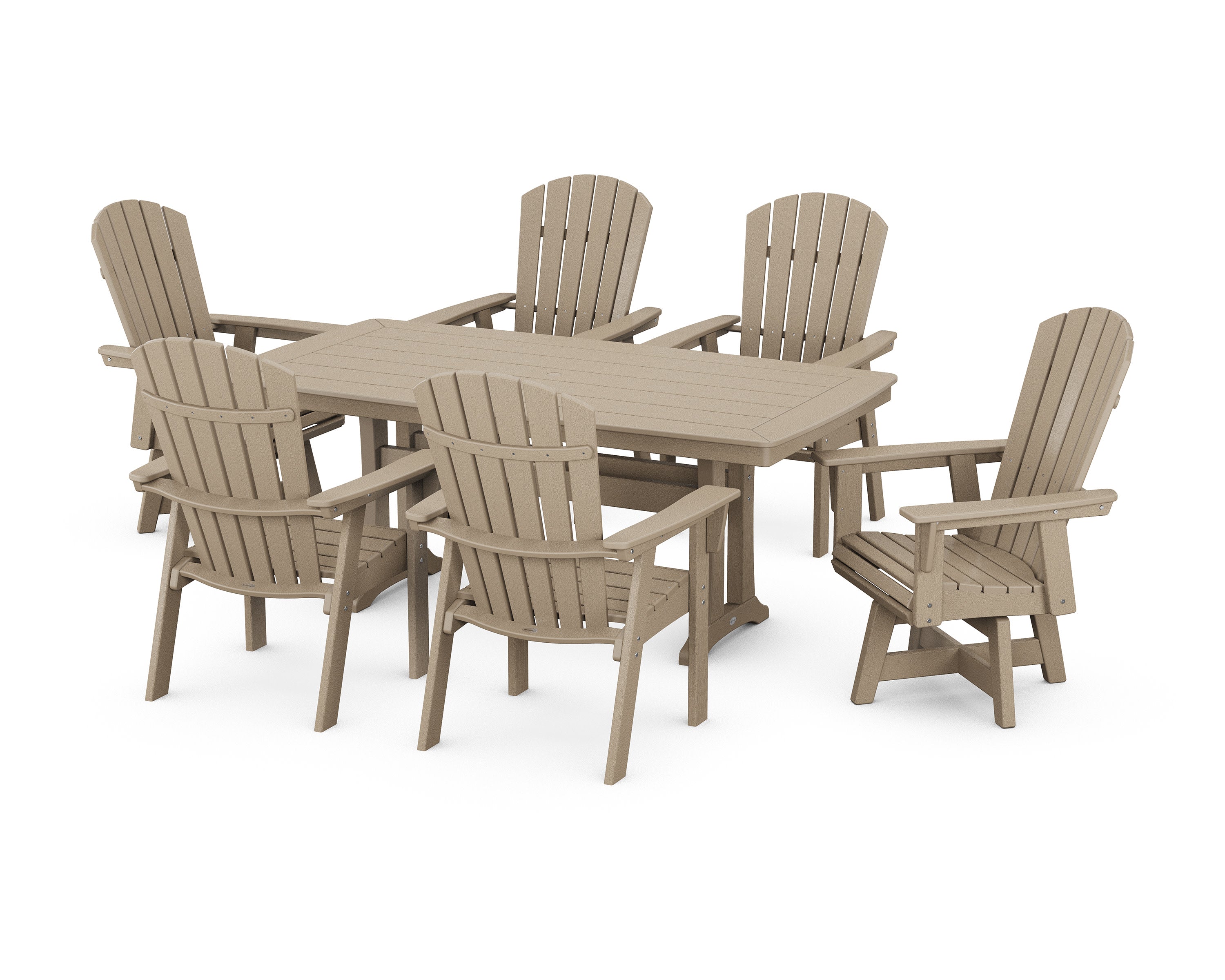 Nautical Curveback Adirondack Swivel Chair 7-Piece Dining Set with Trestle Legs in Vintage Sahara