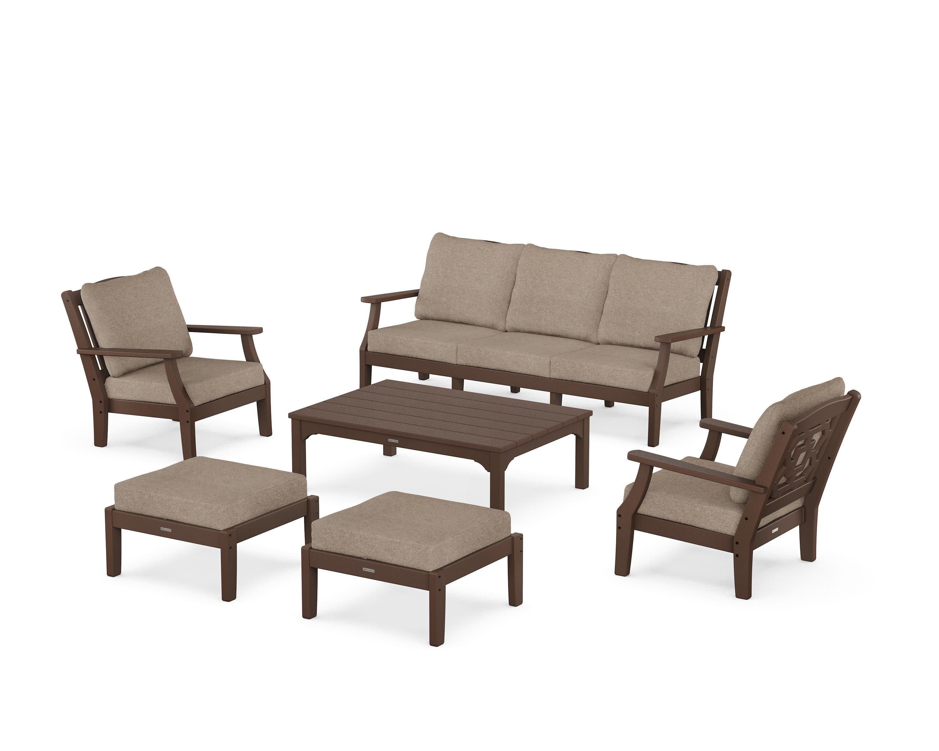 Chinoiserie 6-Piece Lounge Sofa Set in Mahogany / Spiced Burlap