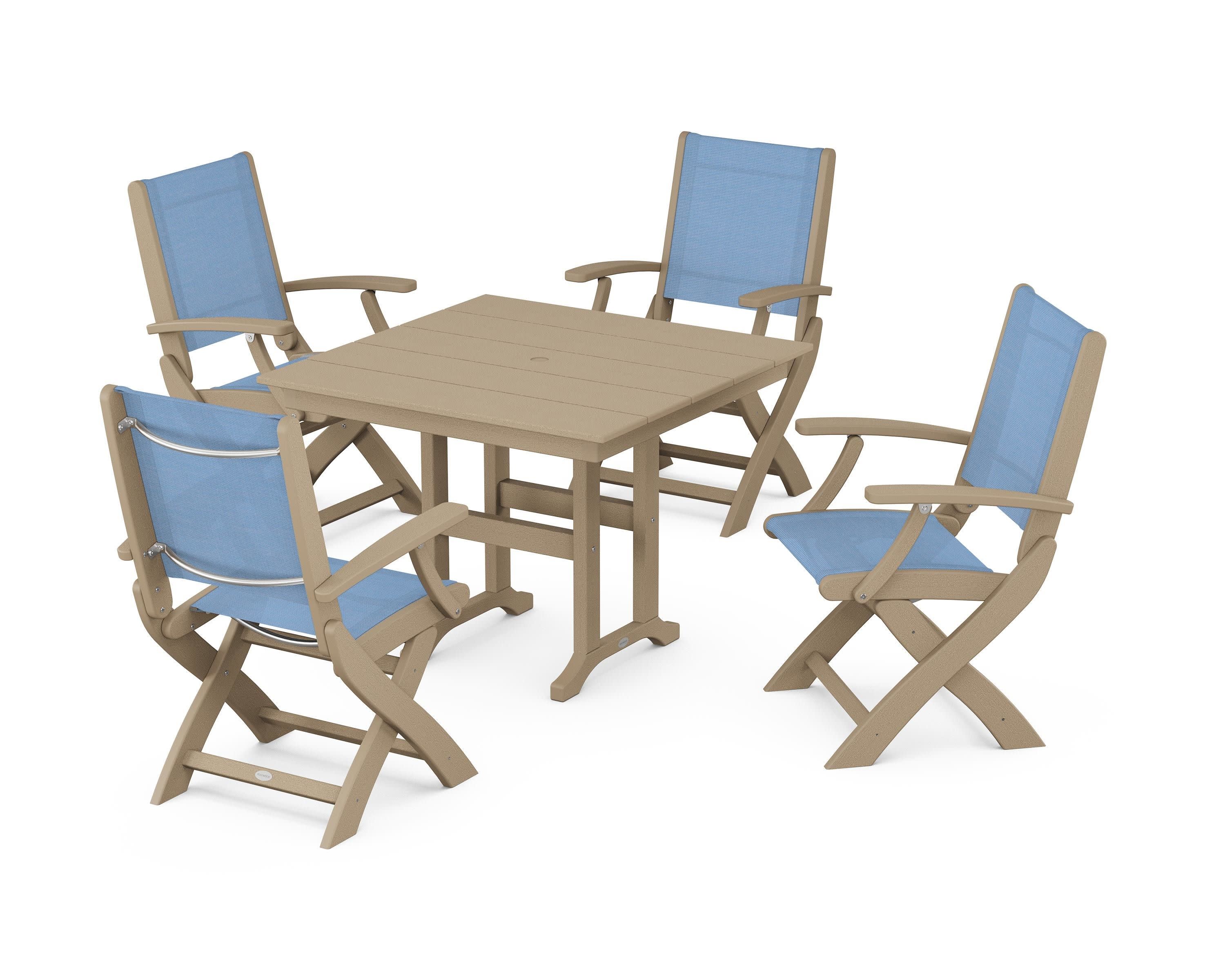 Coastal Folding Chair 5-Piece Farmhouse Dining Set in Vintage Sahara / Poolside Sling