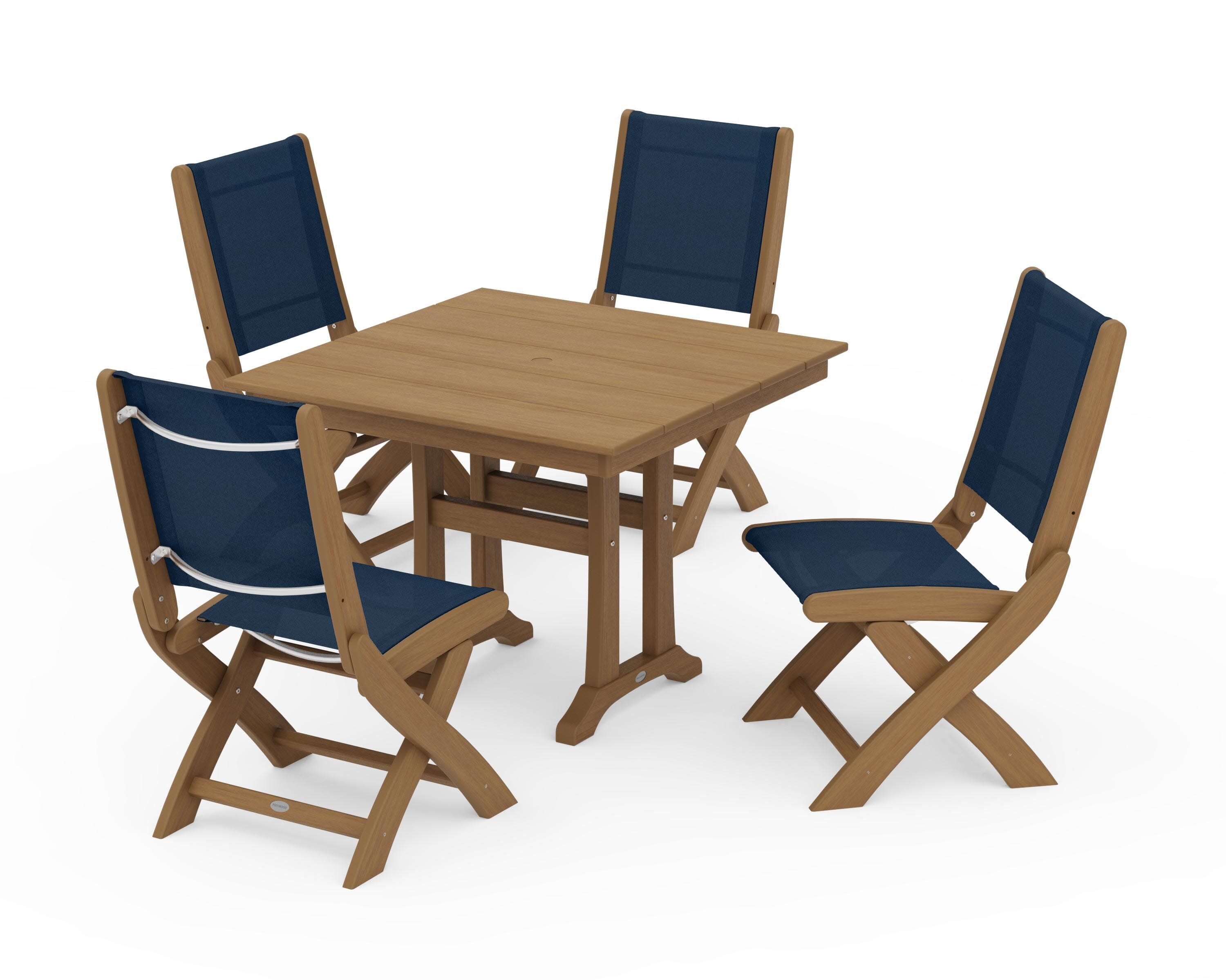 Coastal Folding Side Chair 5-Piece Farmhouse Dining Set With Trestle Legs in Natural / Navy Blue Sling