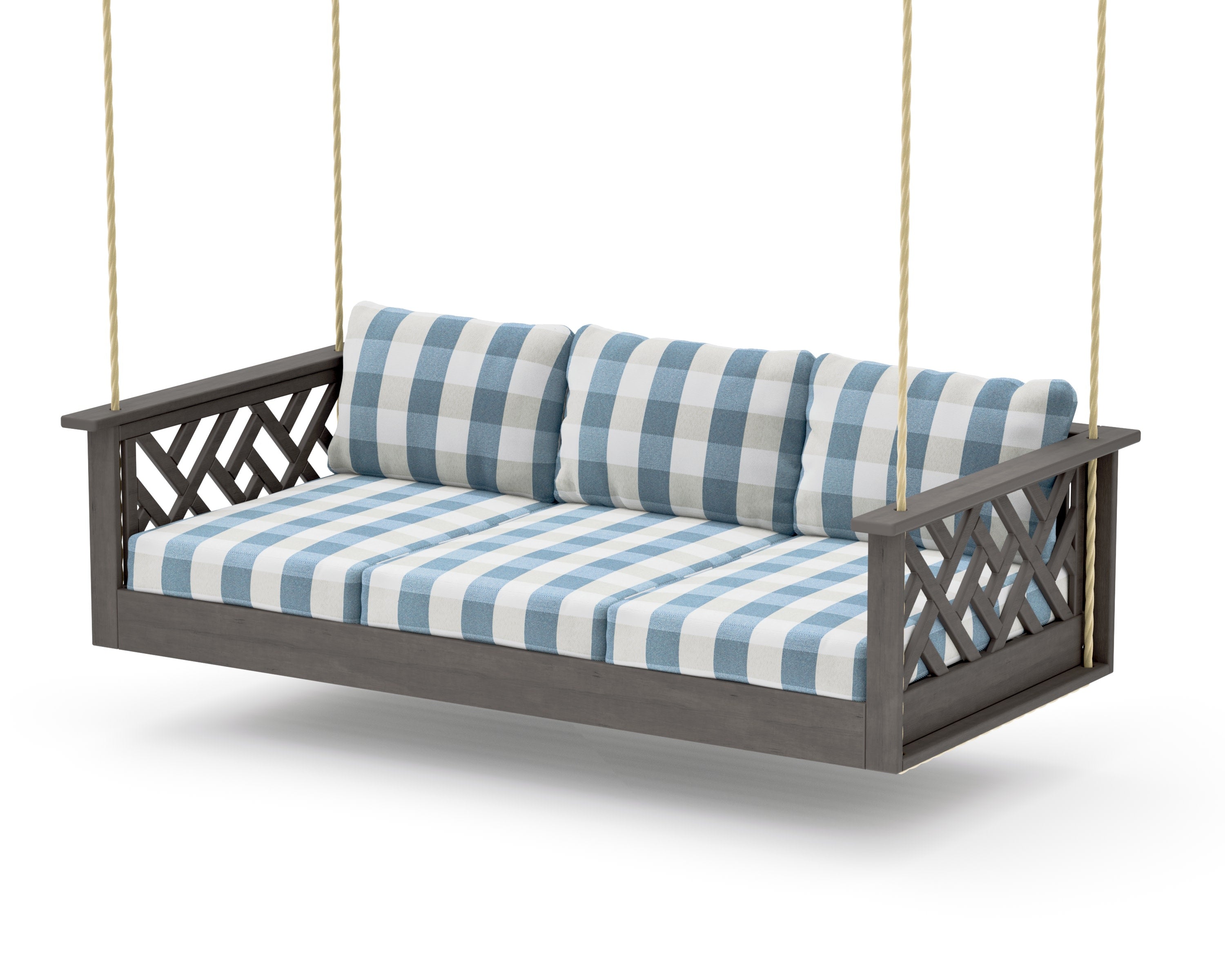 Chippendale Daybed Swing in Driftwood / Buffalo Plaid Sky Blue