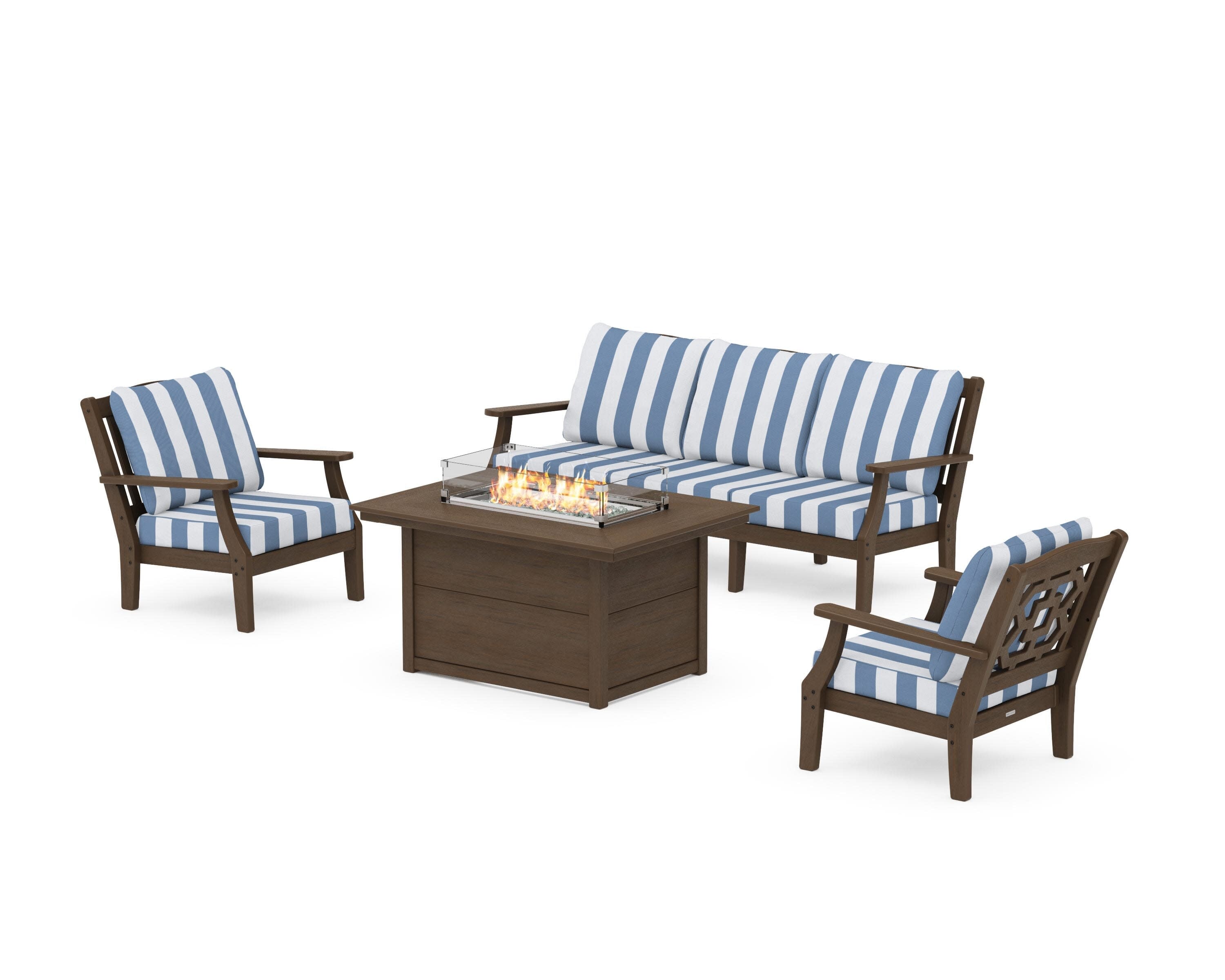 Chinoiserie Deep Seating Fire Pit Table Set in Kona / Cabana Stripe Sky Blue