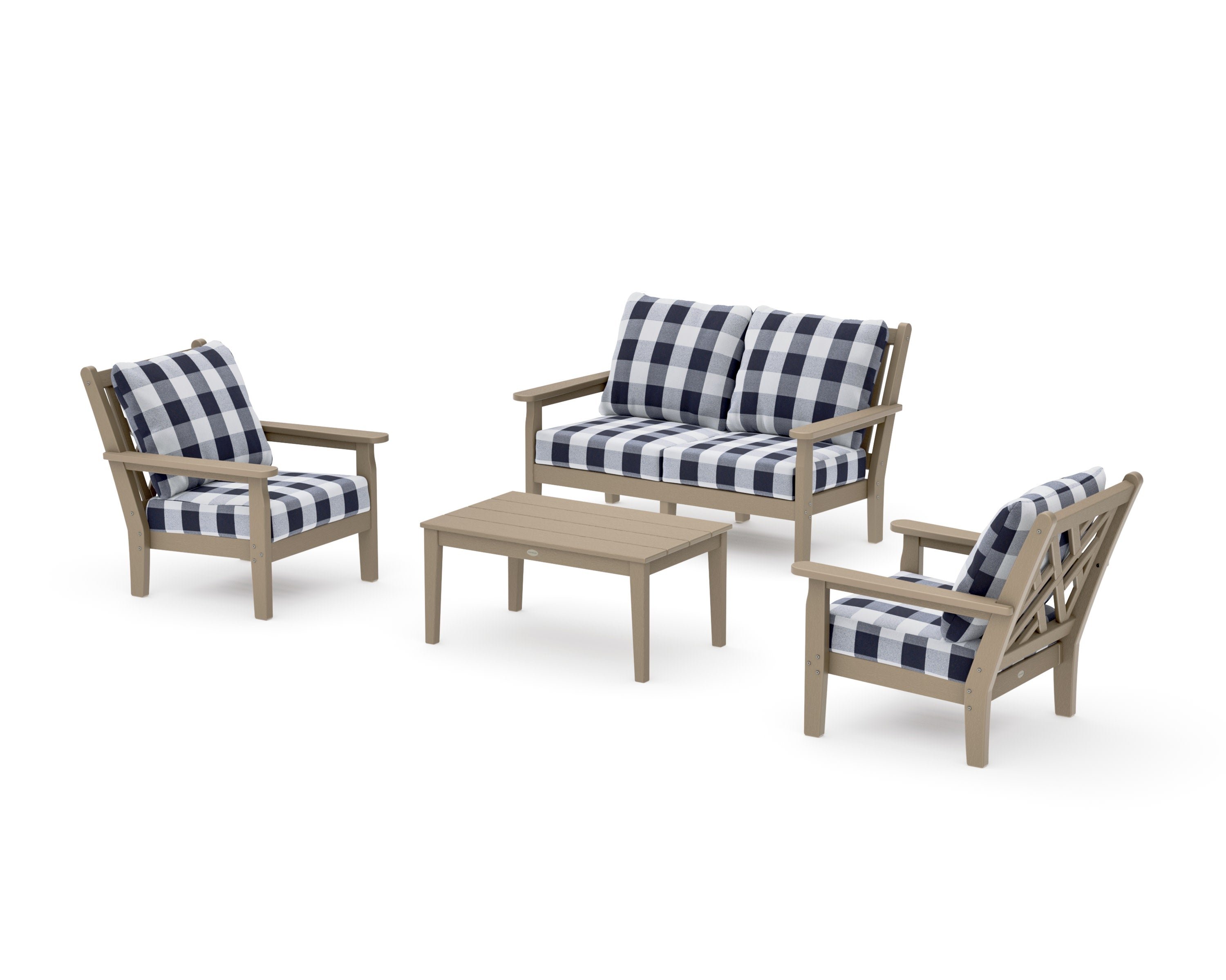 Chippendale 4-Piece Deep Seating Set with Loveseat in Vintage Sahara / Buffalo Plaid Navy
