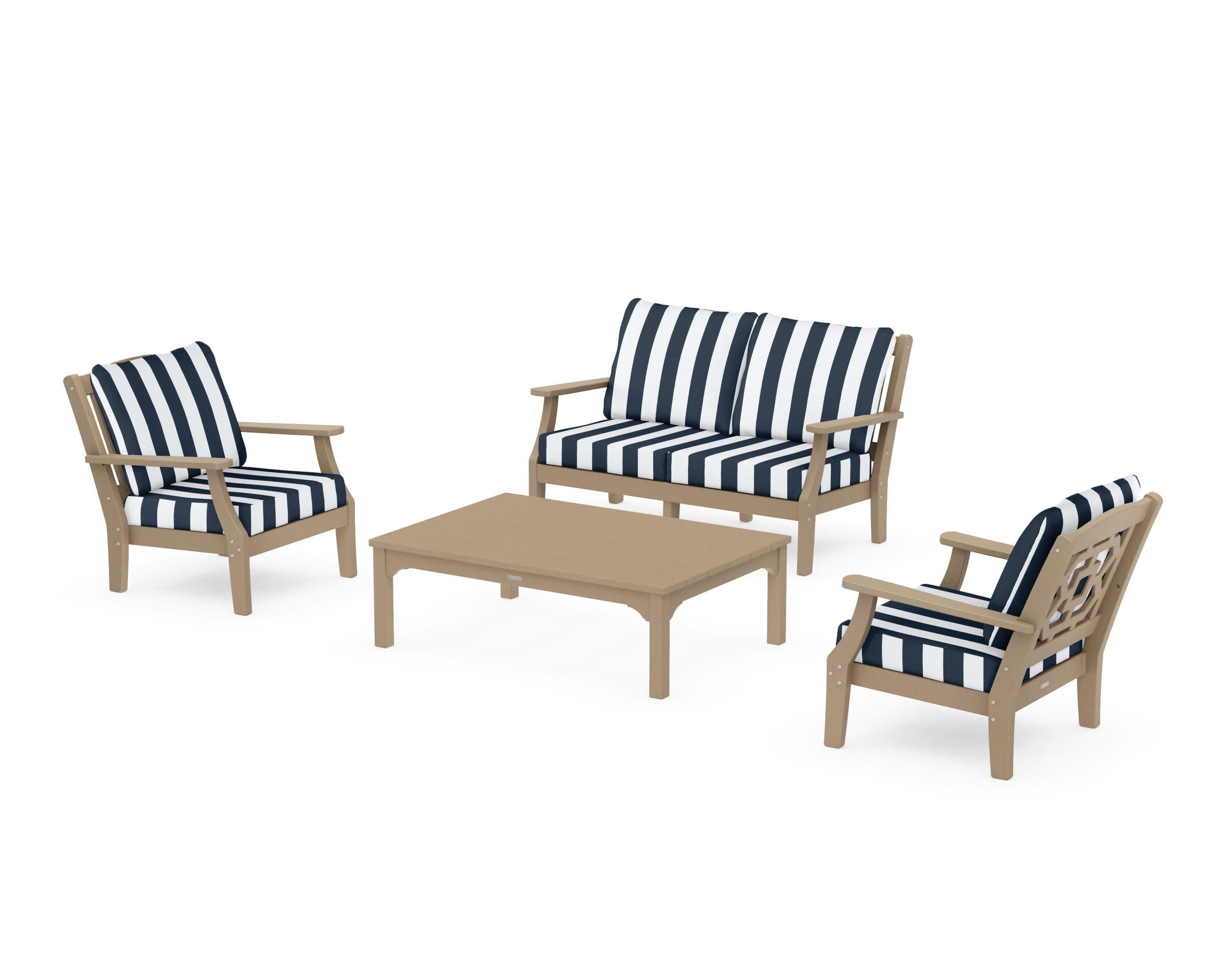 Chinoiserie 4-Piece Deep Seating Set with Loveseat in Vintage Sahara / Cabana Stripe Marine Indigo