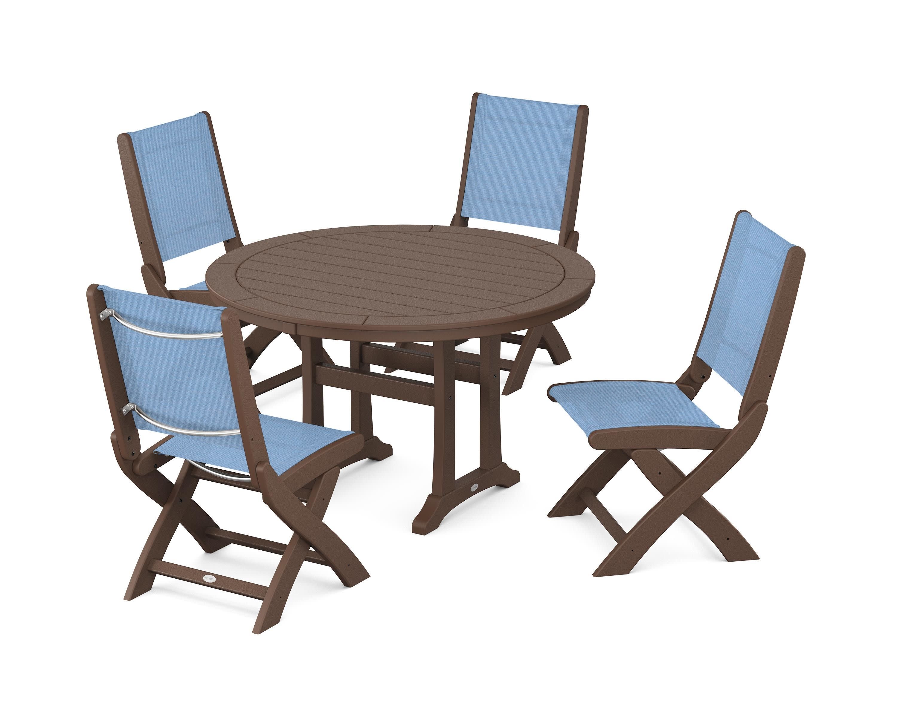 Coastal Folding Side Chair 5-Piece Round Dining Set With Trestle Legs in Mahogany / Poolside Sling
