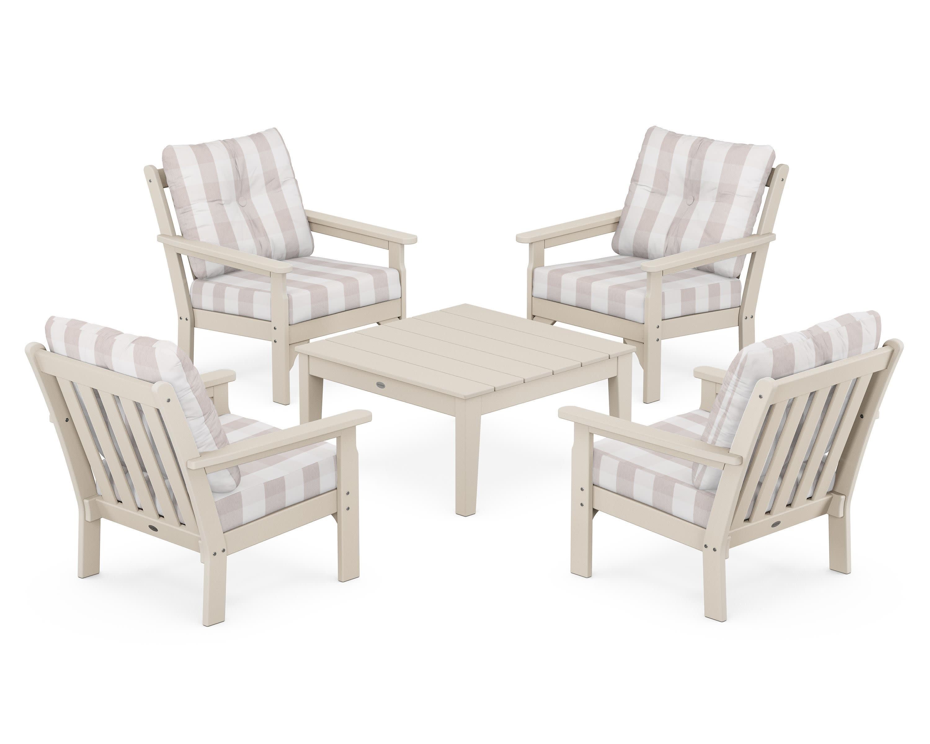 Vineyard 5-Piece Deep Seating Conversation Set in Sand / Buffalo Plaid Dune Burlap