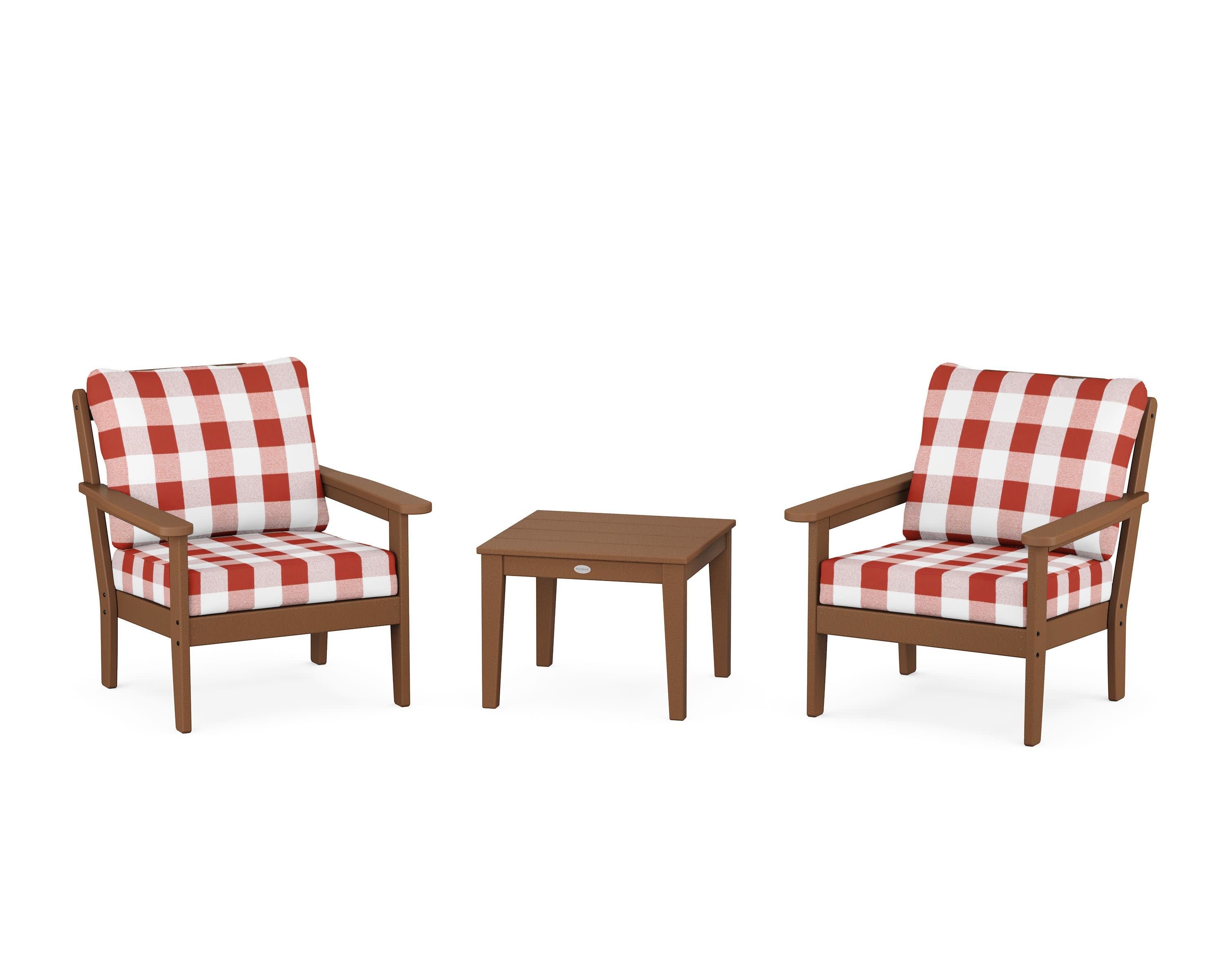 Cottage 3-Piece Deep Seating Set in Teak / Buffalo Plaid Crimson