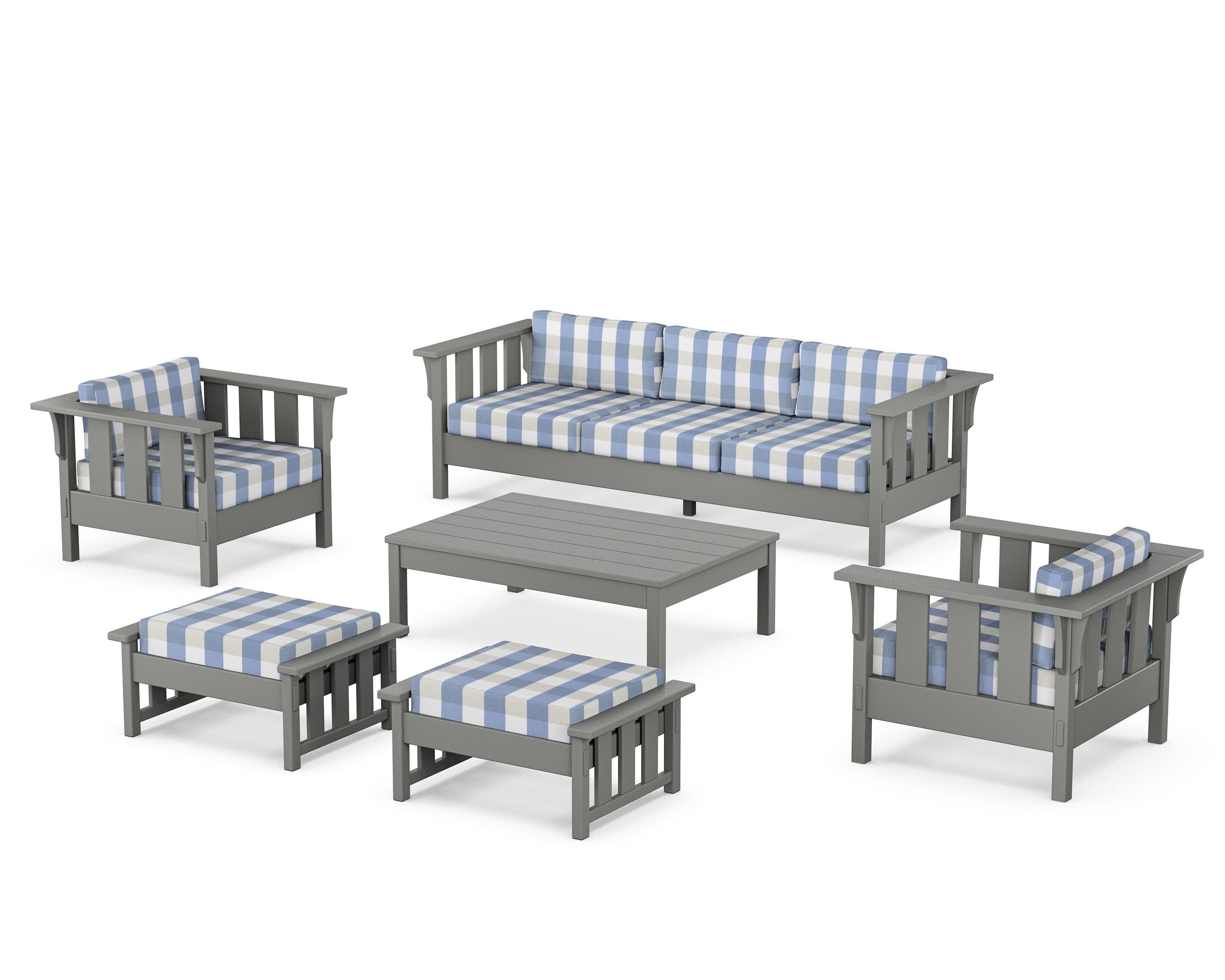 Acadia 6-Piece Lounge Sofa Set in Slate Grey / Buffalo Plaid Sky Blue