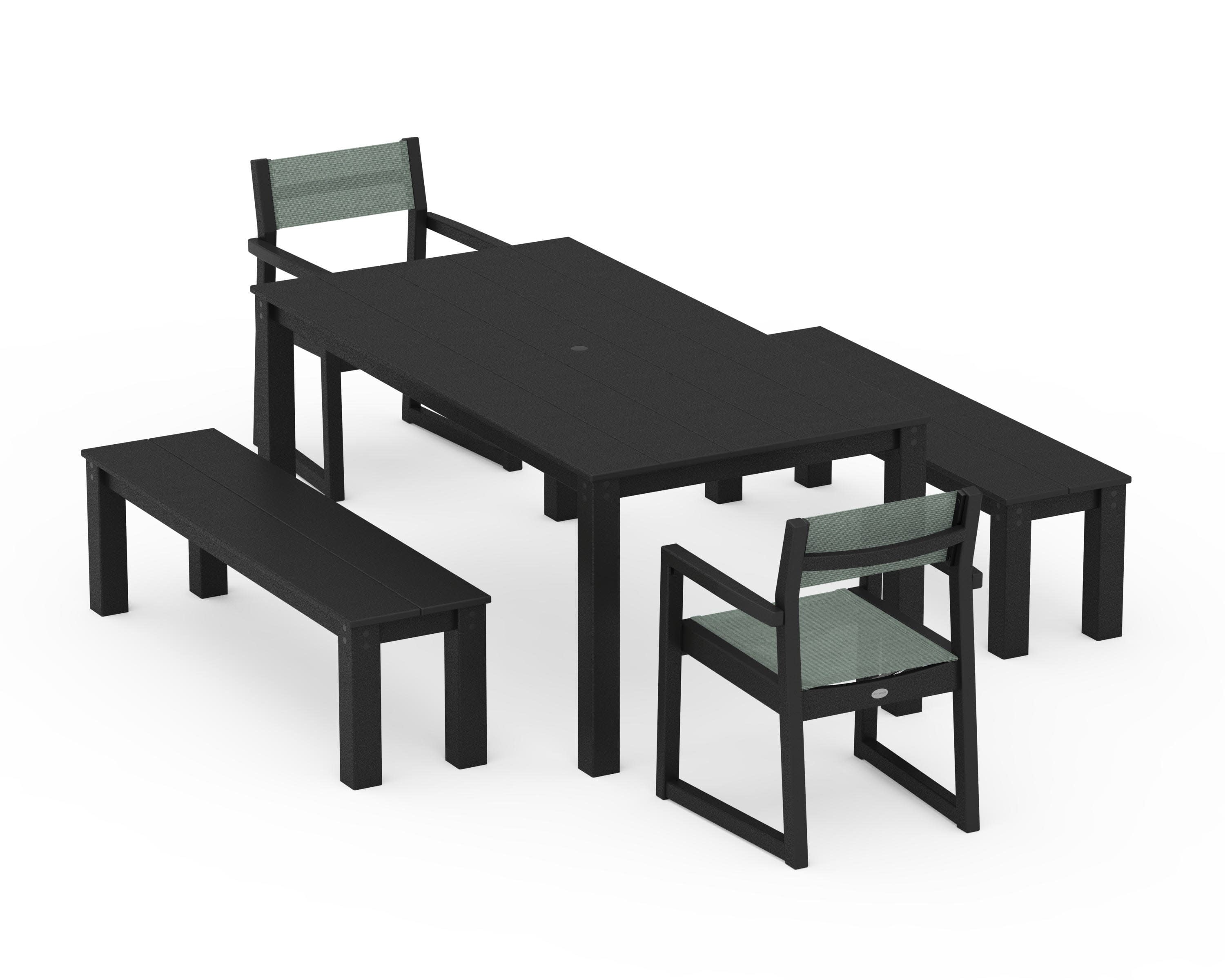 EDGE Sling Arm Chair 5-Piece Parsons Dining Set with Benches in Black / Dupioni Sea Mist Sling