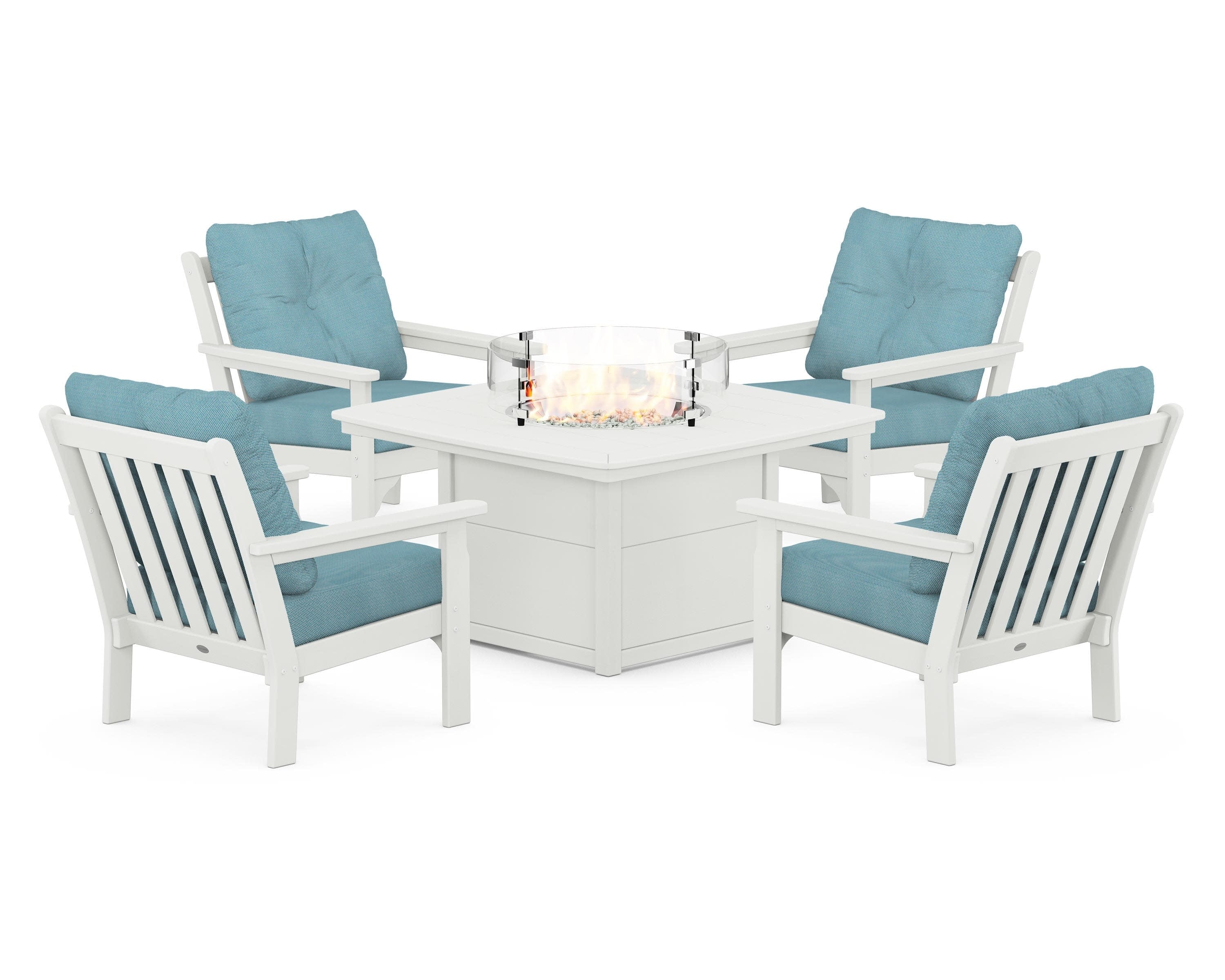 Vineyard 5-Piece Conversation Set with Fire Pit Table in Vintage White / Lattice Sky Blue