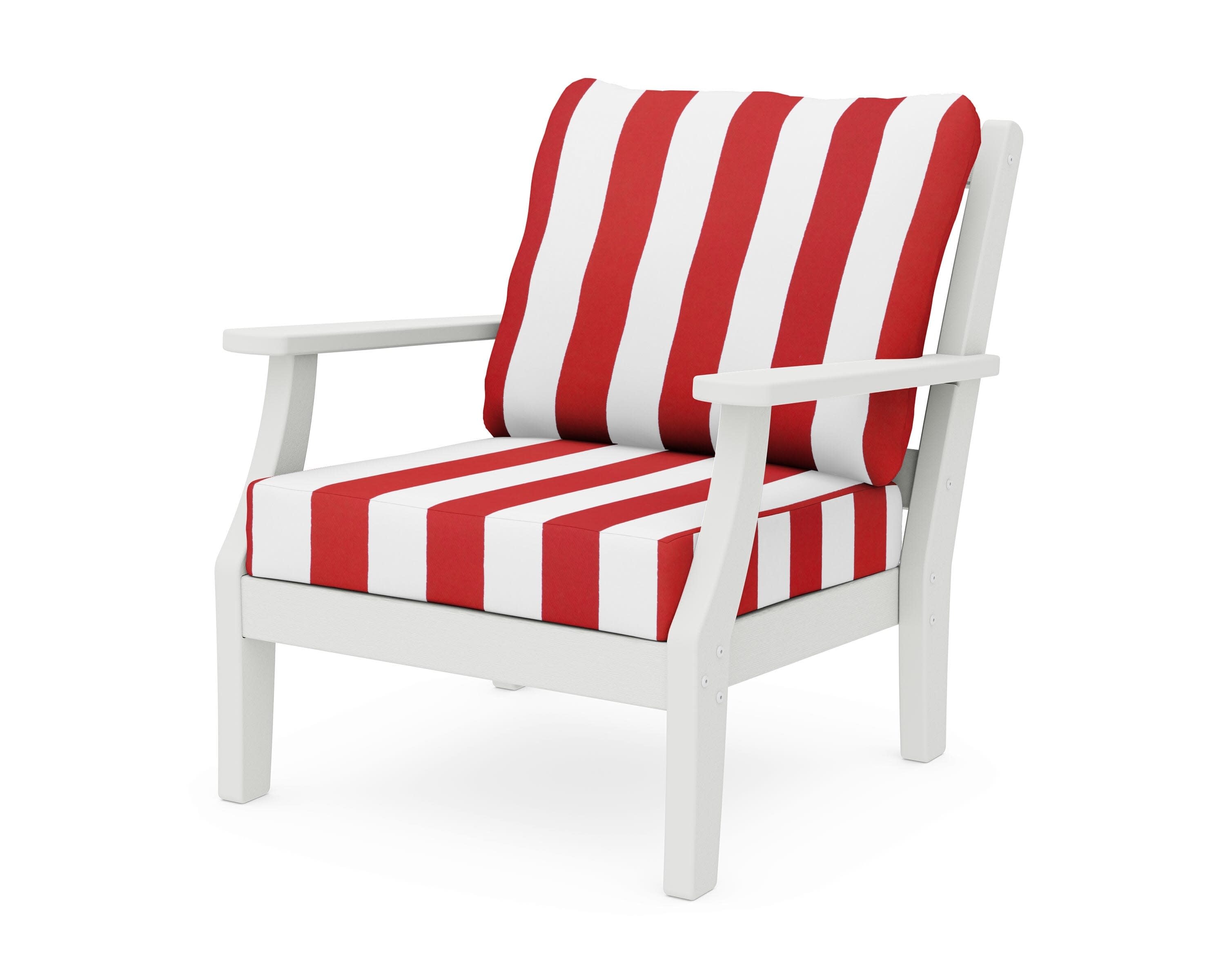 Chinoiserie Deep Seating Chair in Vintage White / Cabana Stripe Crimson