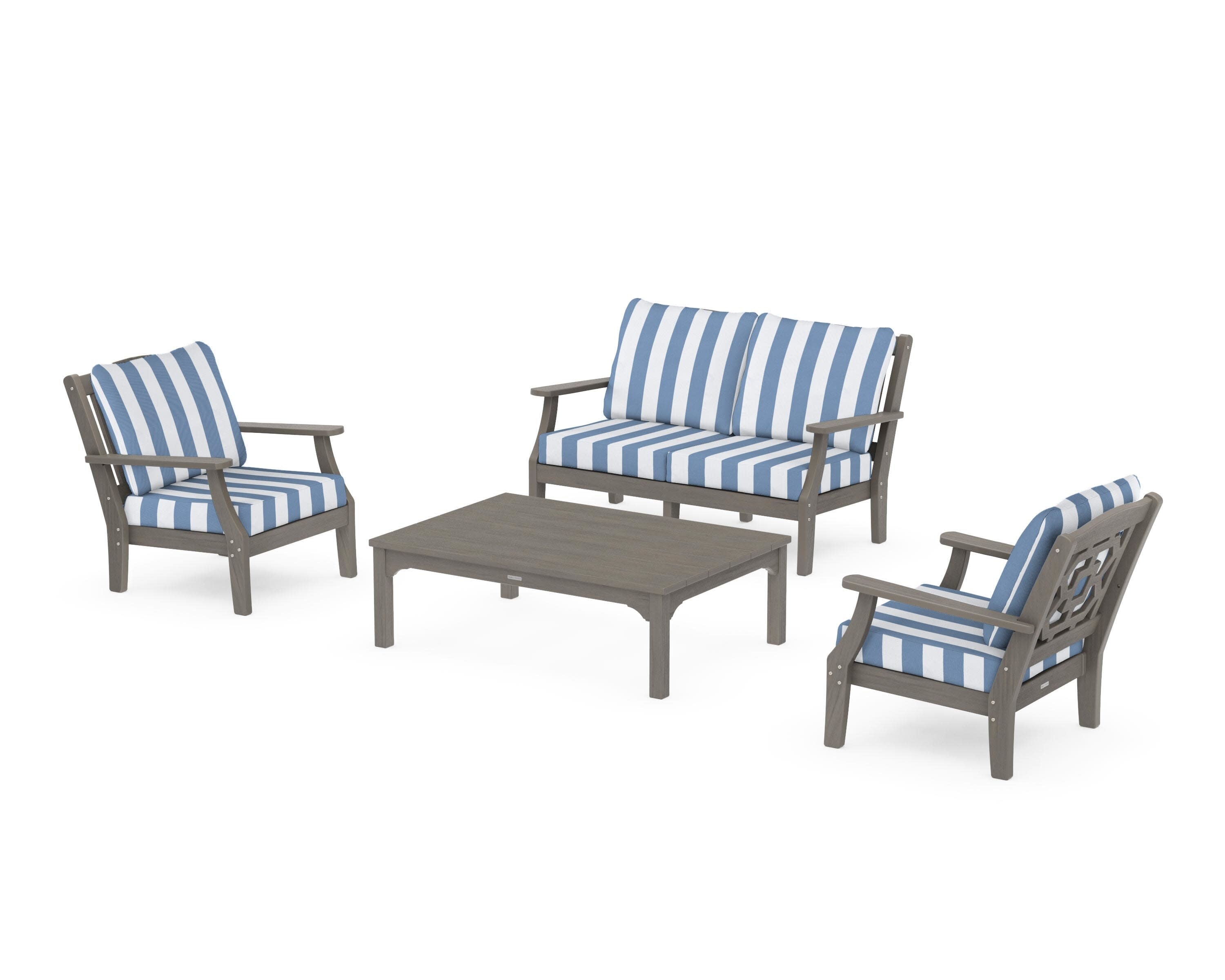 Chinoiserie 4-Piece Deep Seating Set with Loveseat in Driftwood / Cabana Stripe Sky Blue
