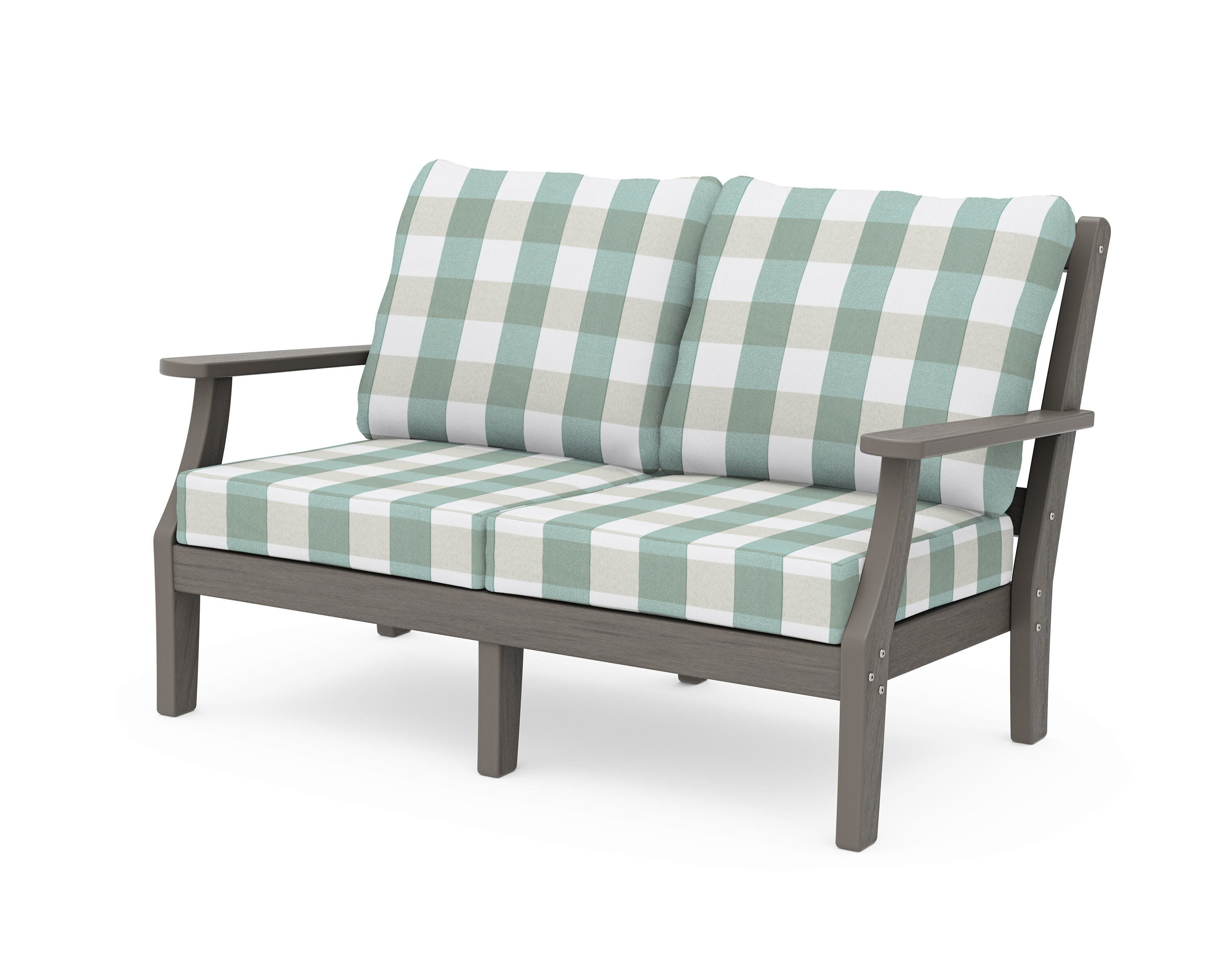 Chinoiserie Deep Seating Loveseat in Driftwood / Buffalo Plaid Glacier Spa