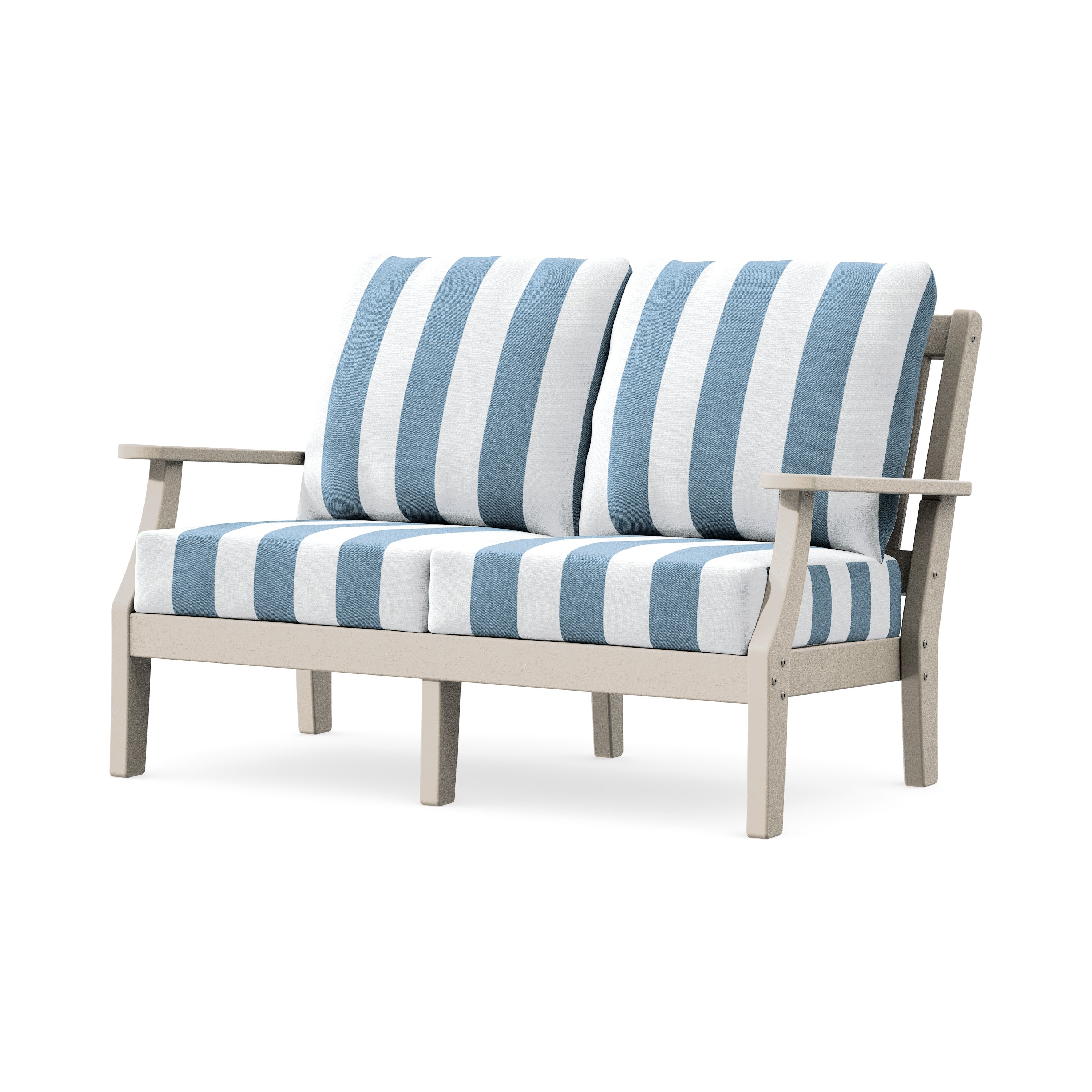Chinoiserie Deep Seating Loveseat in Sand / Cabana Stripe Sky Blue