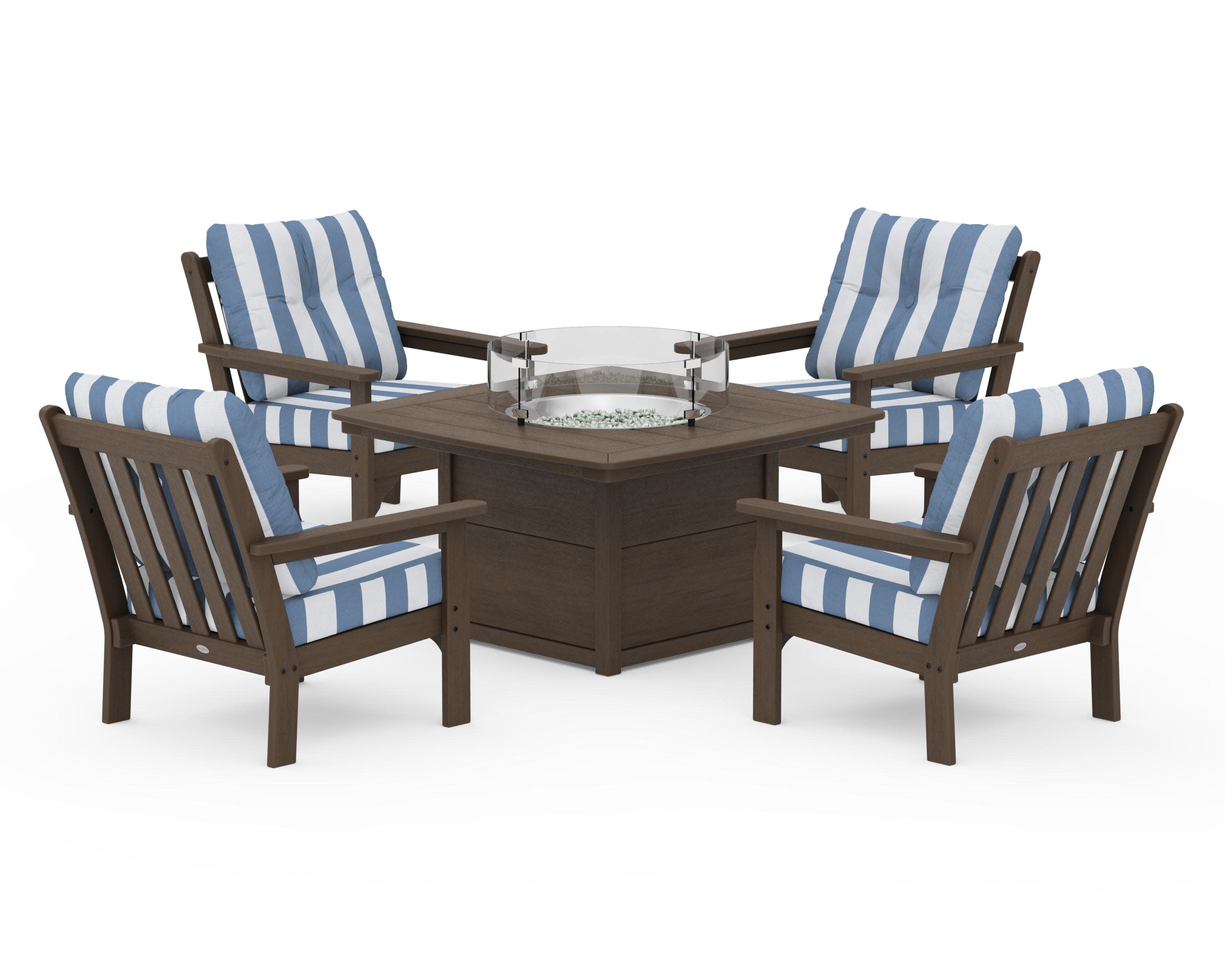 Vineyard 5-Piece Conversation Set with Fire Pit Table in Kona / Cabana Stripe Sky Blue