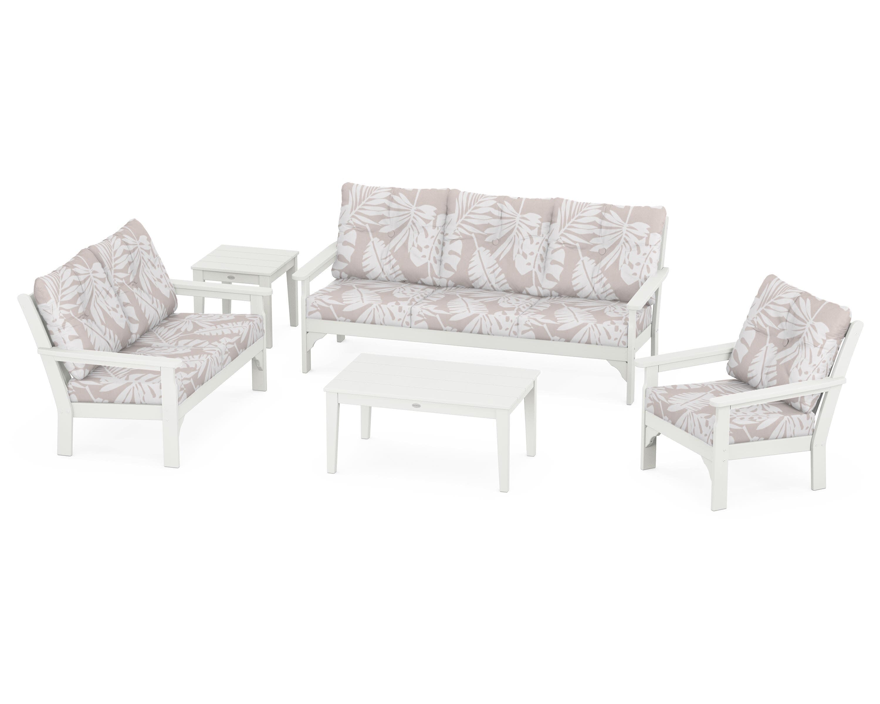 Vineyard 5 Piece Deep Seating Set in Vintage White / Leaf Dune Burlap