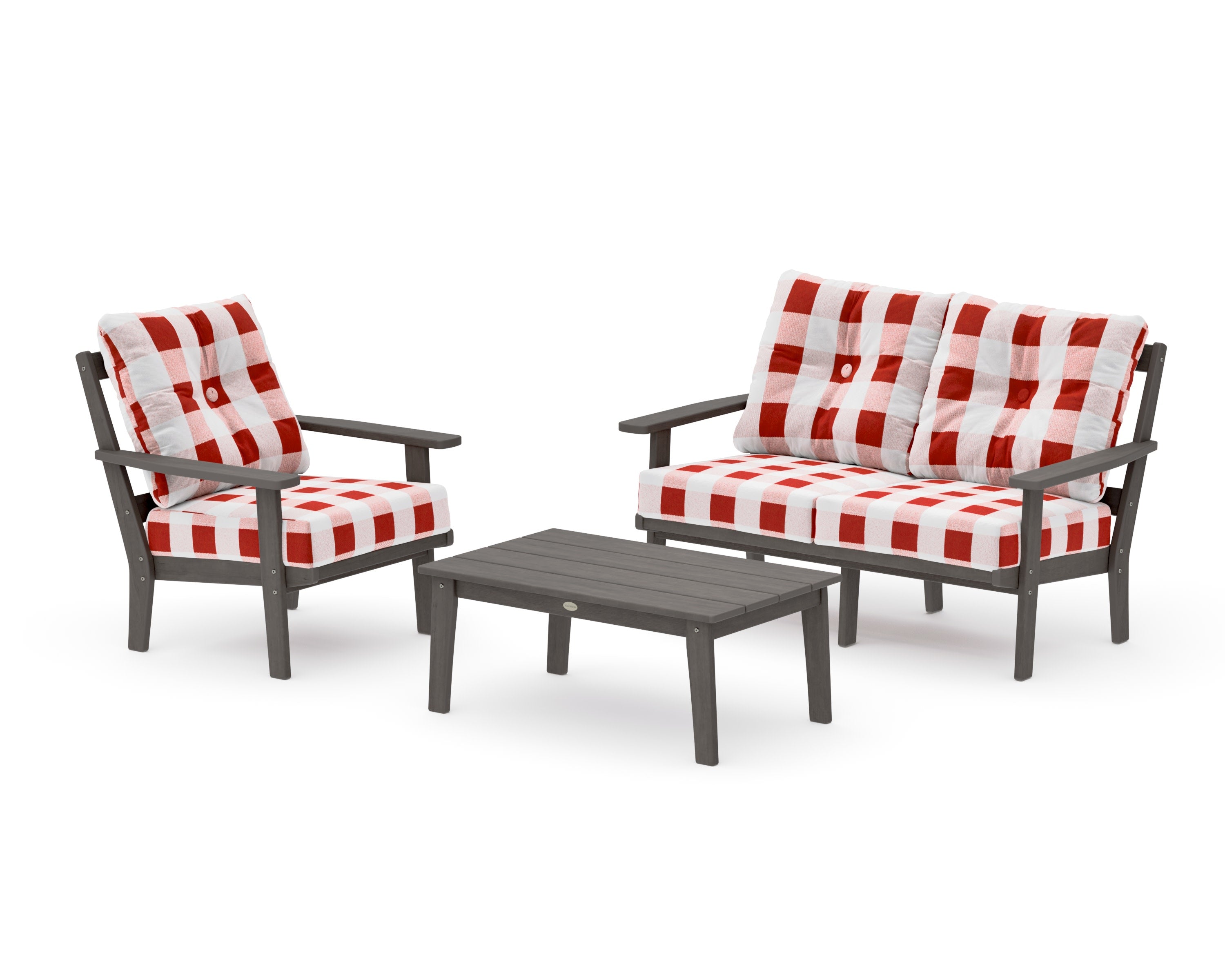 Oxford 3-Piece Deep Seating Set with Loveseat in Driftwood / Buffalo Plaid Crimson