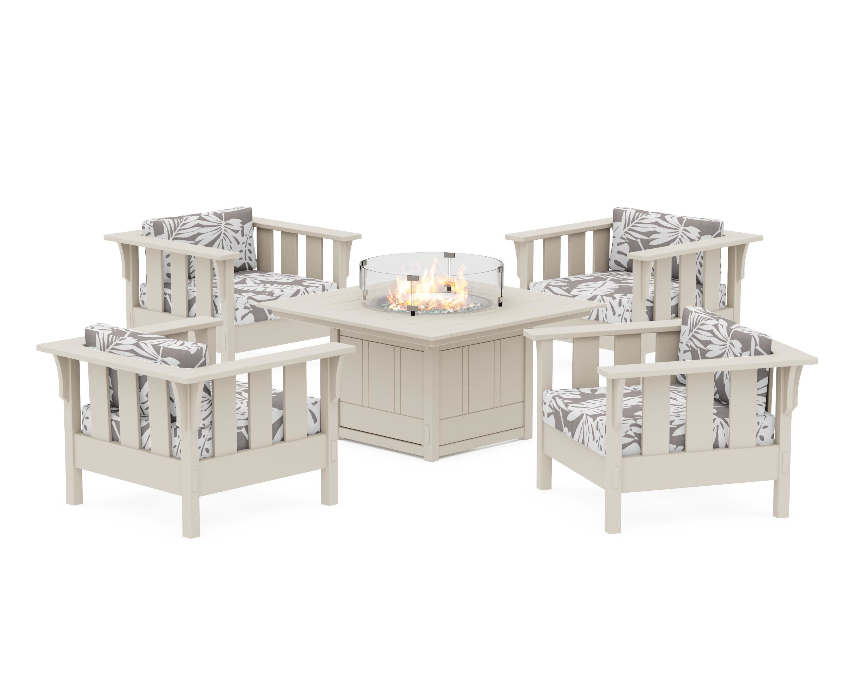 Acadia 5-Piece Deep Seating Set with Fire Pit Table in Sand / Leaf Grey Mist
