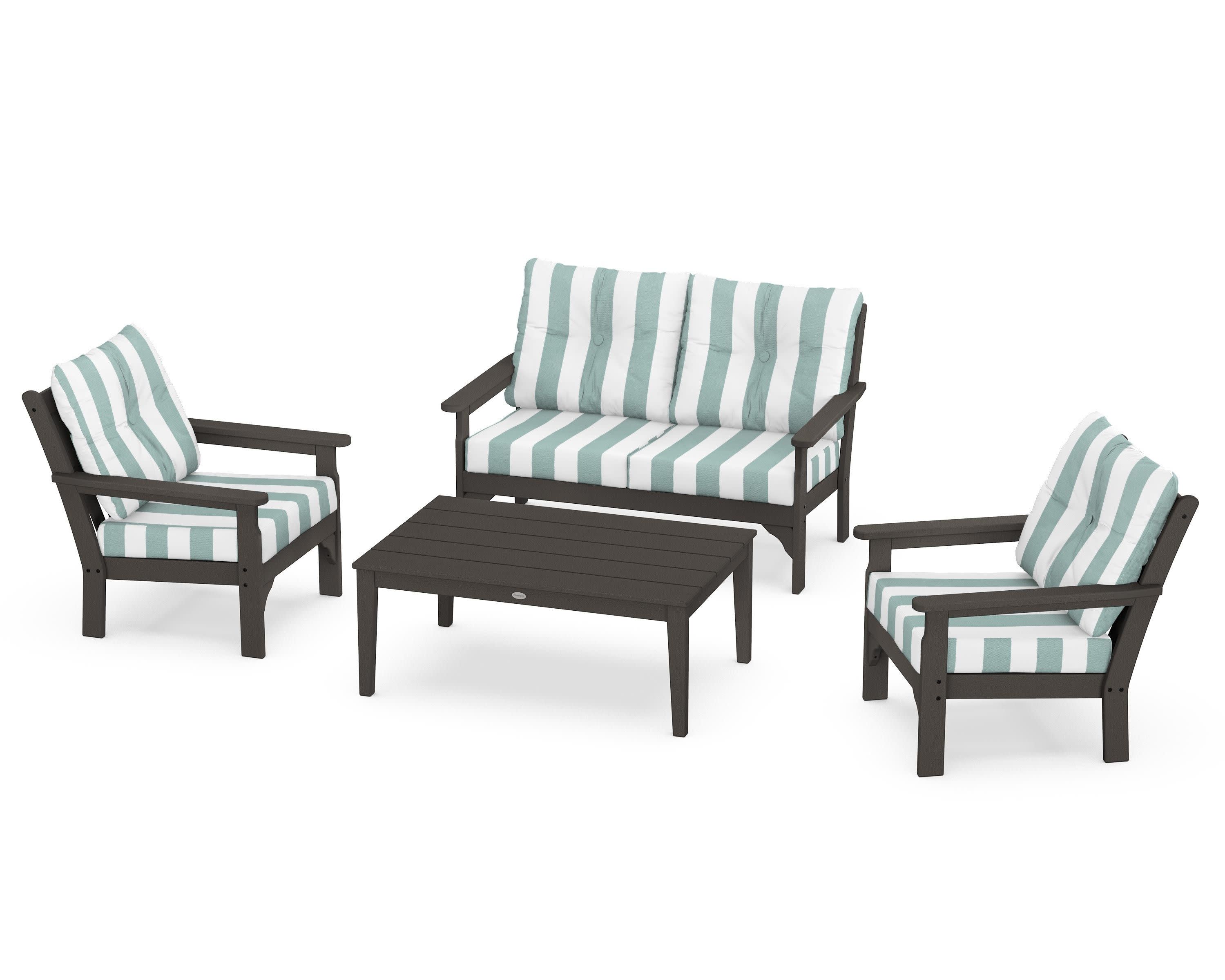 Vineyard 4-Piece Deep Seating Set in Vintage Coffee / Cabana Stripe Glacier Spa