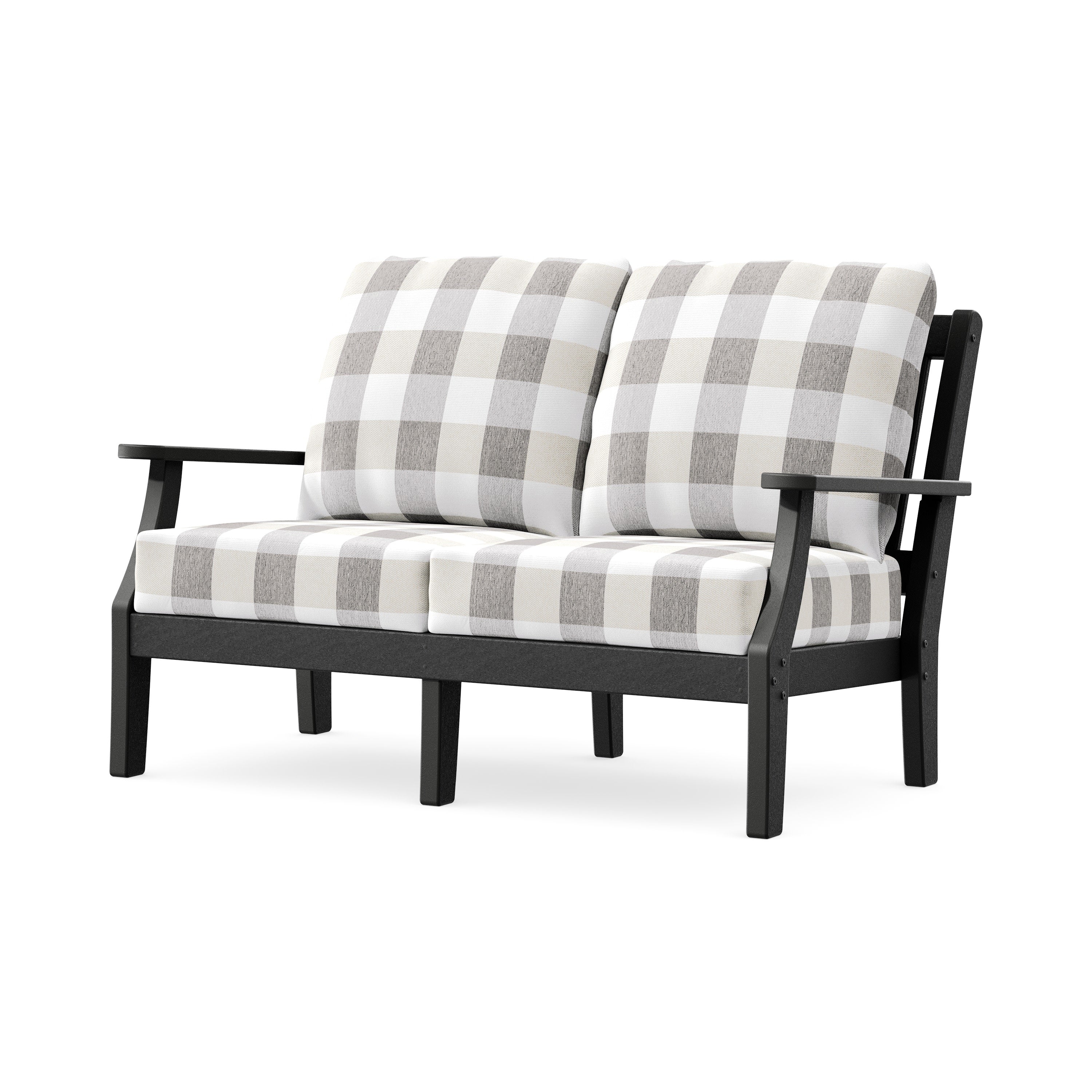Chinoiserie Deep Seating Loveseat in Black / Buffalo Plaid Grey Mist