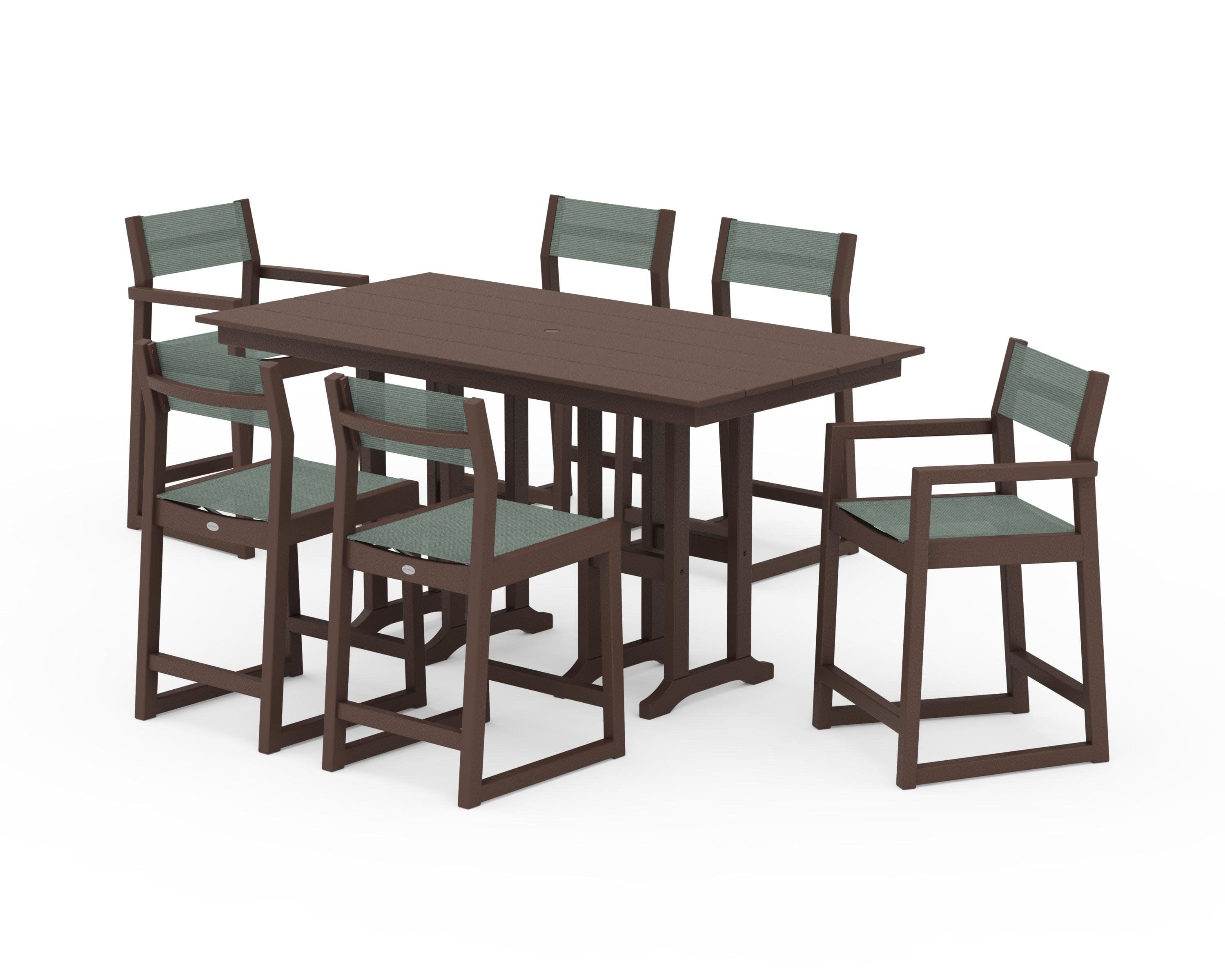 EDGE Sling 7-Piece Farmhouse Counter Set in Mahogany / Dupioni Sea Mist Sling