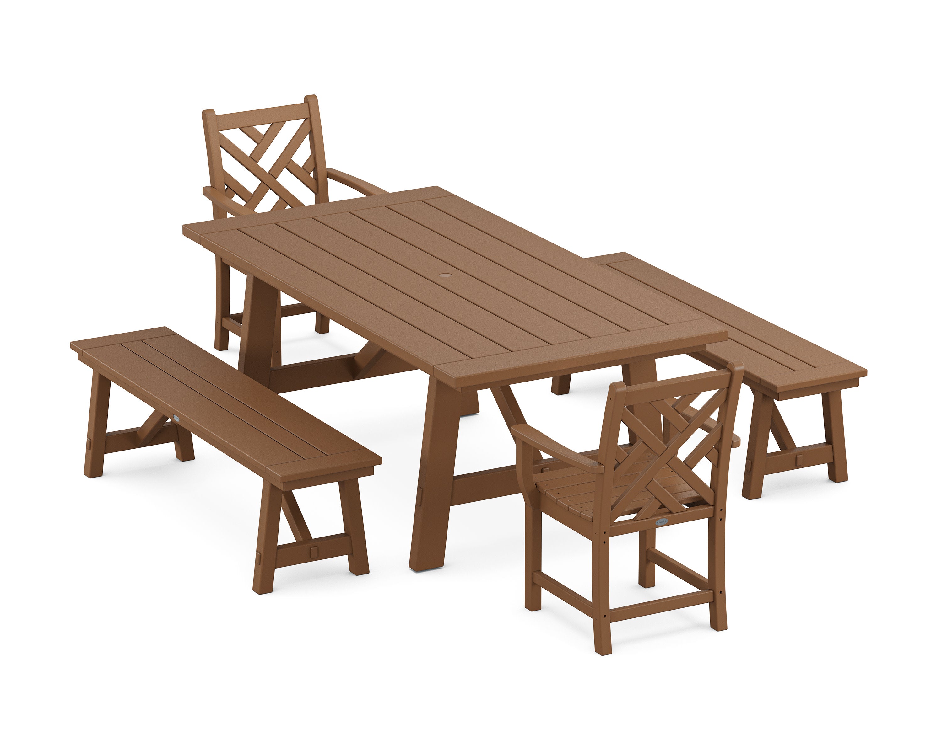 Chippendale 5-Piece Rustic Farmhouse Dining Set With Benches in Teak