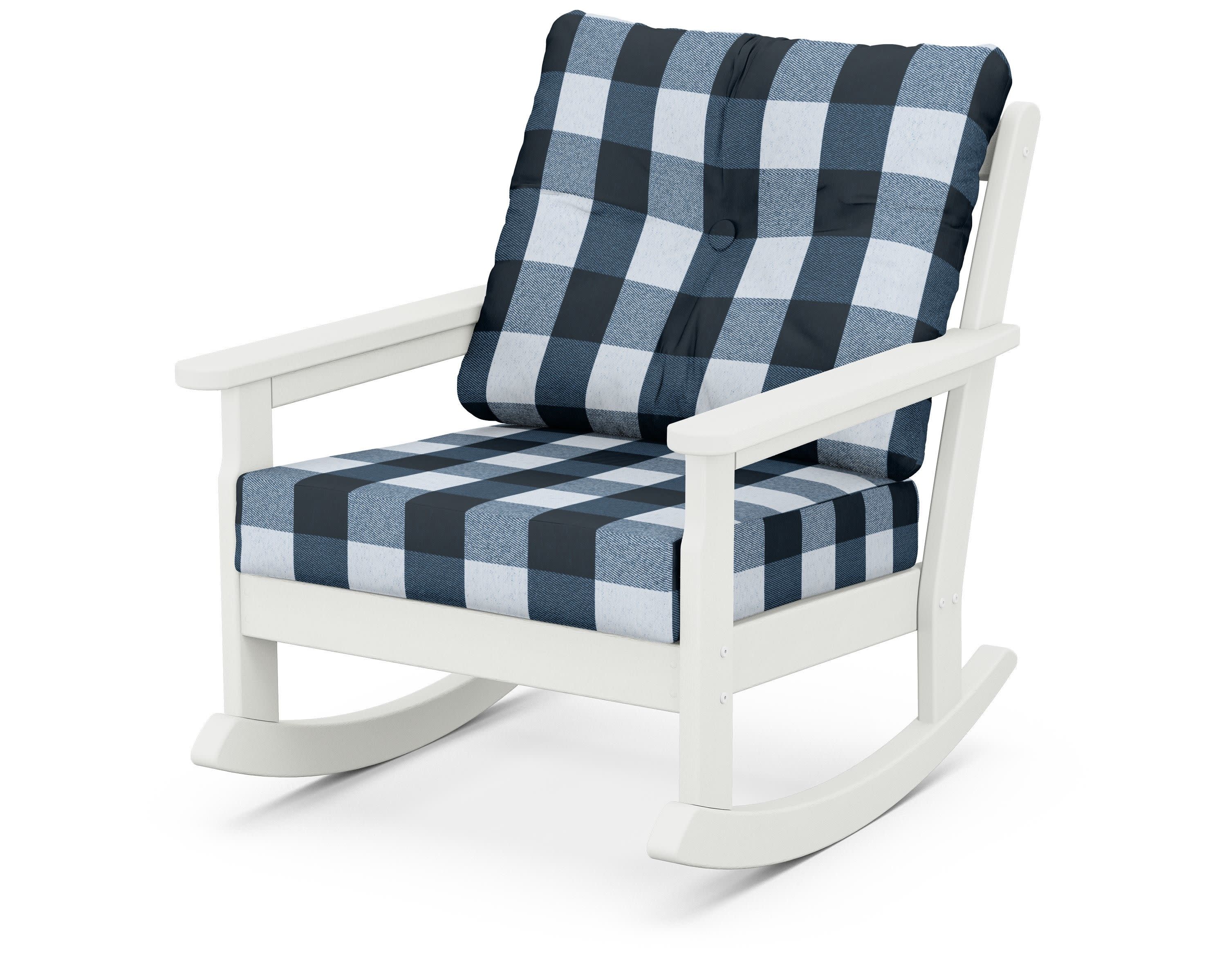Vineyard Deep Seating Rocking Chair in Vintage White / Buffalo Plaid Marine Indigo