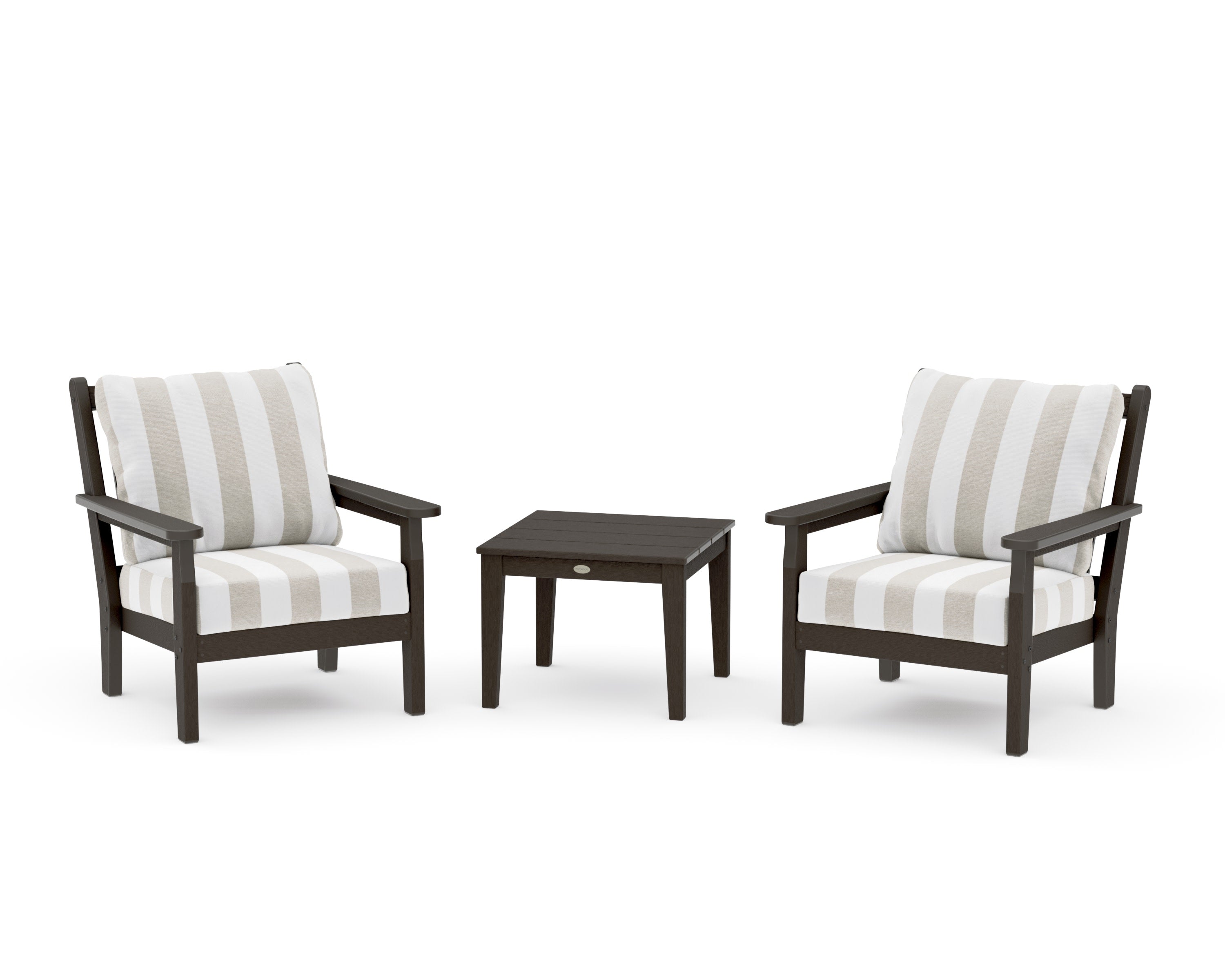 Chippendale 3-Piece Deep Seating Set in Vintage Coffee / Cabana Stripe Dune Burlap