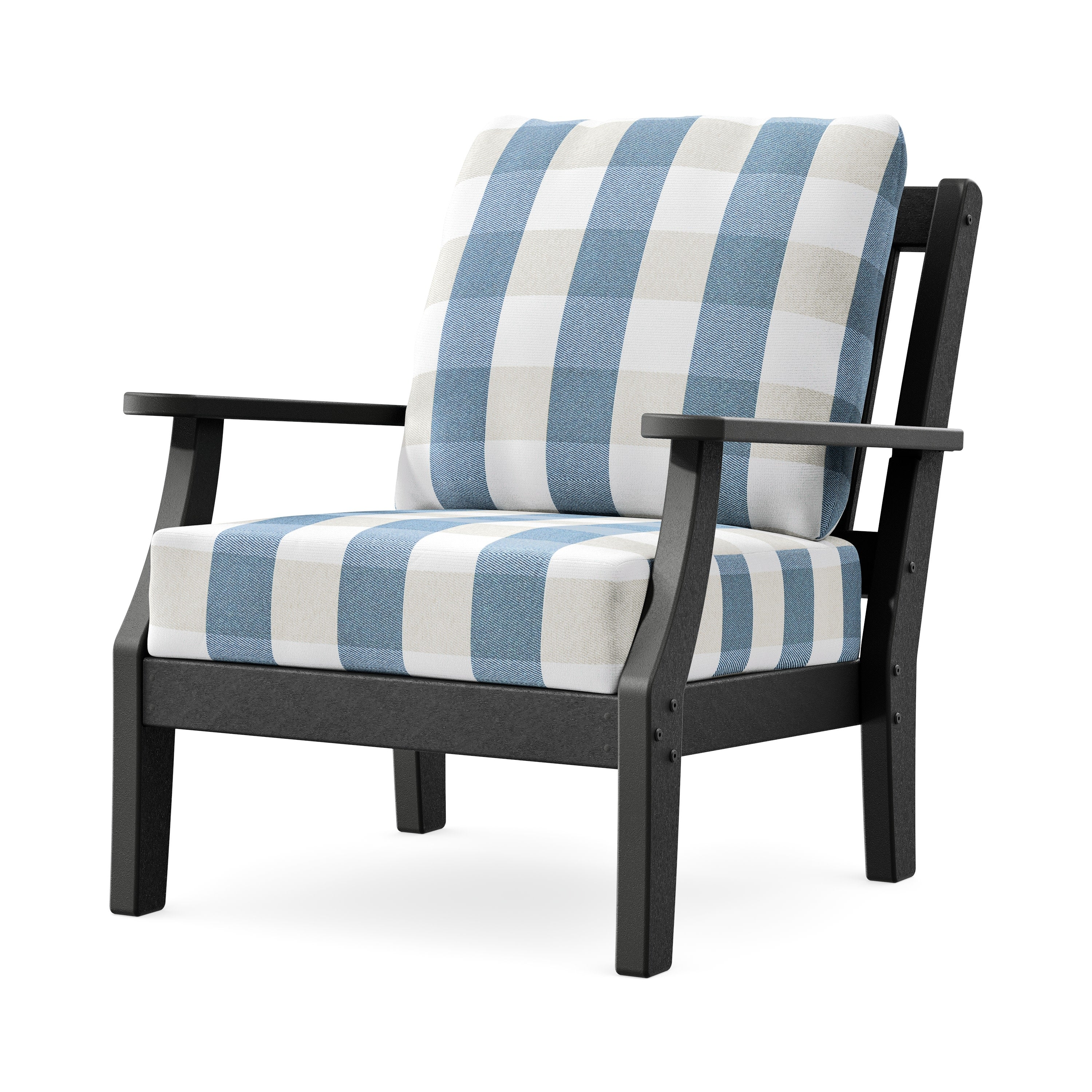 Chinoiserie Deep Seating Chair in Black / Buffalo Plaid Sky Blue