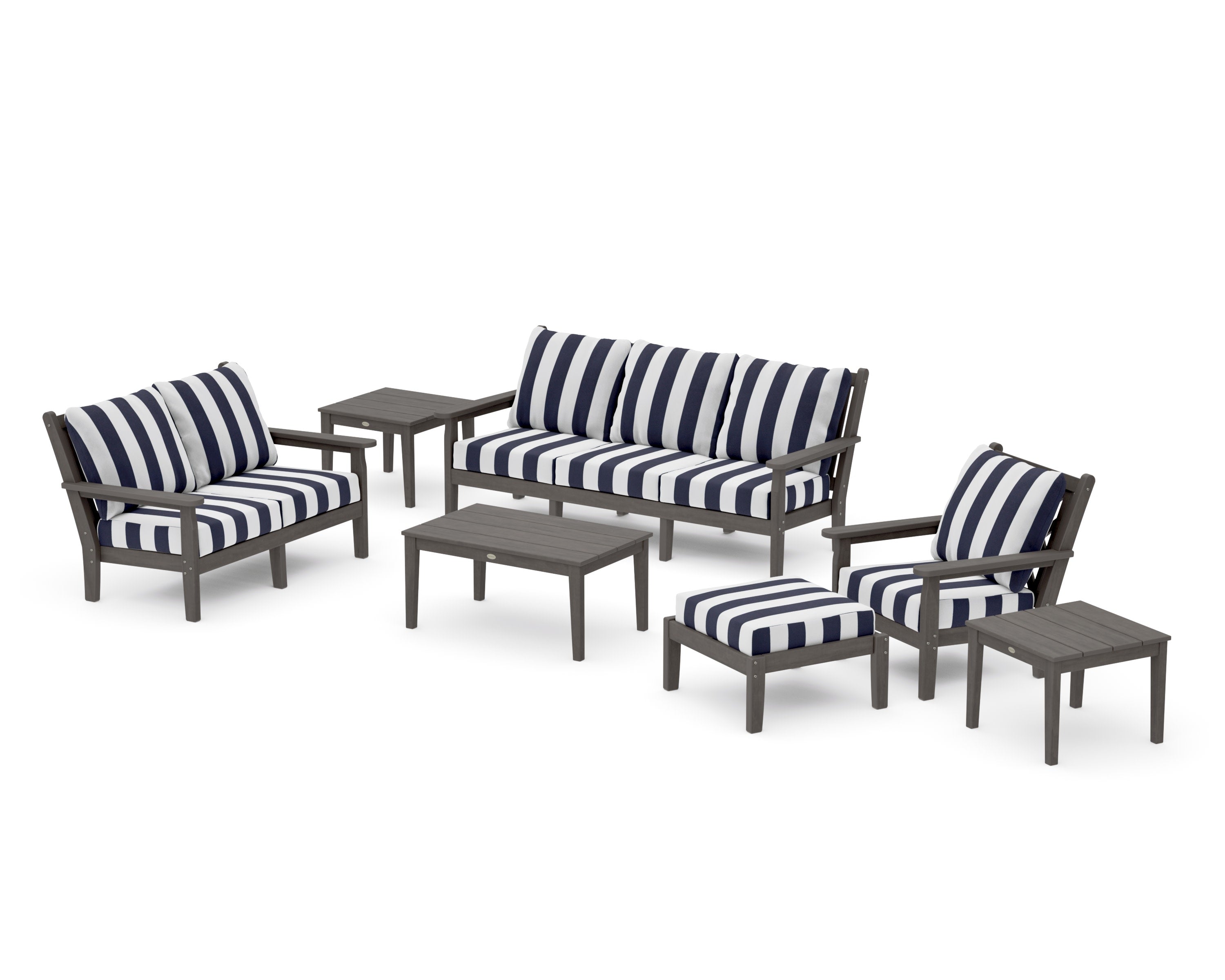 Chippendale 7-Piece Deep Seating Set in Driftwood / Cabana Stripe Navy
