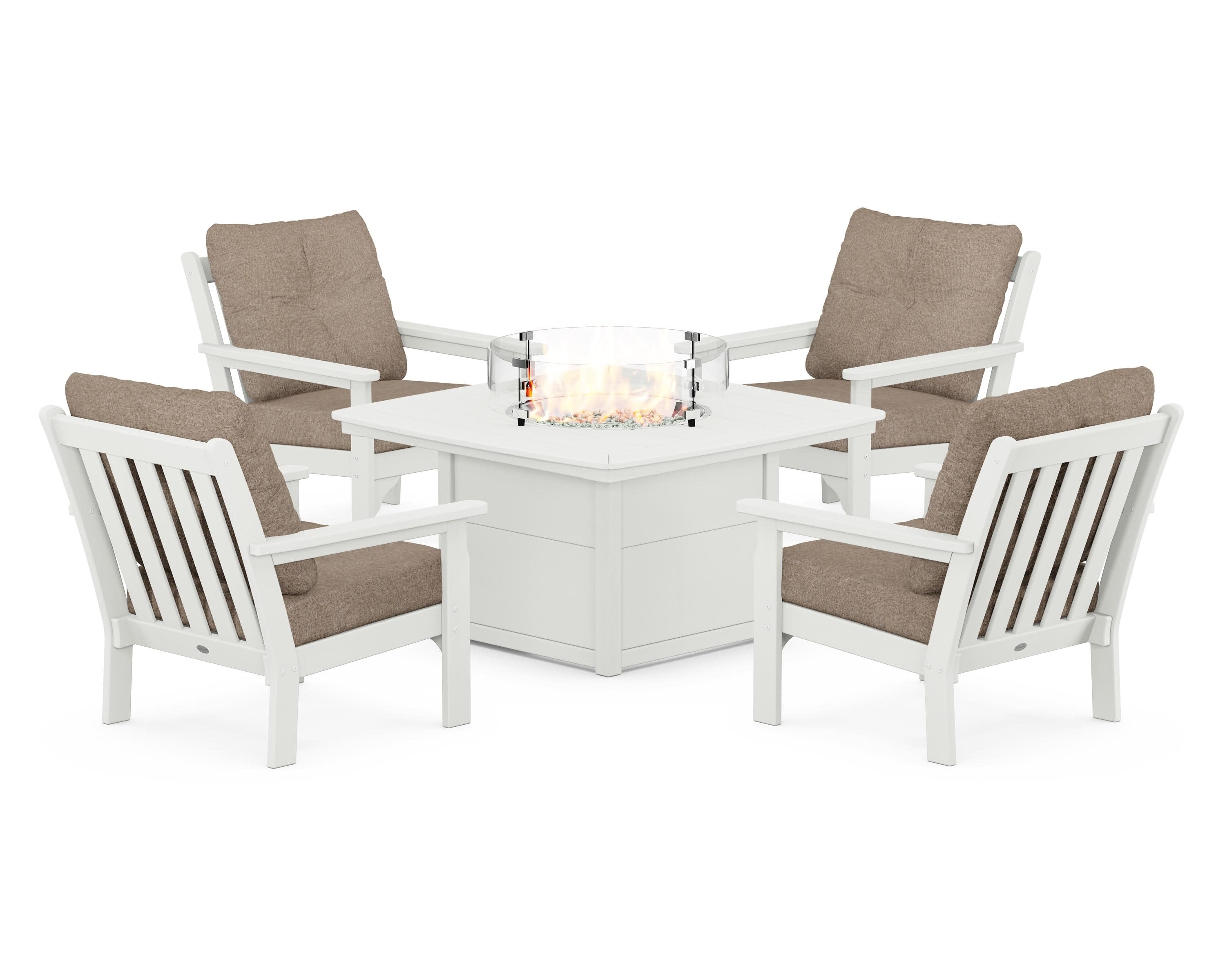 Vineyard 5-Piece Conversation Set with Fire Pit Table in Vintage White / Spiced Burlap