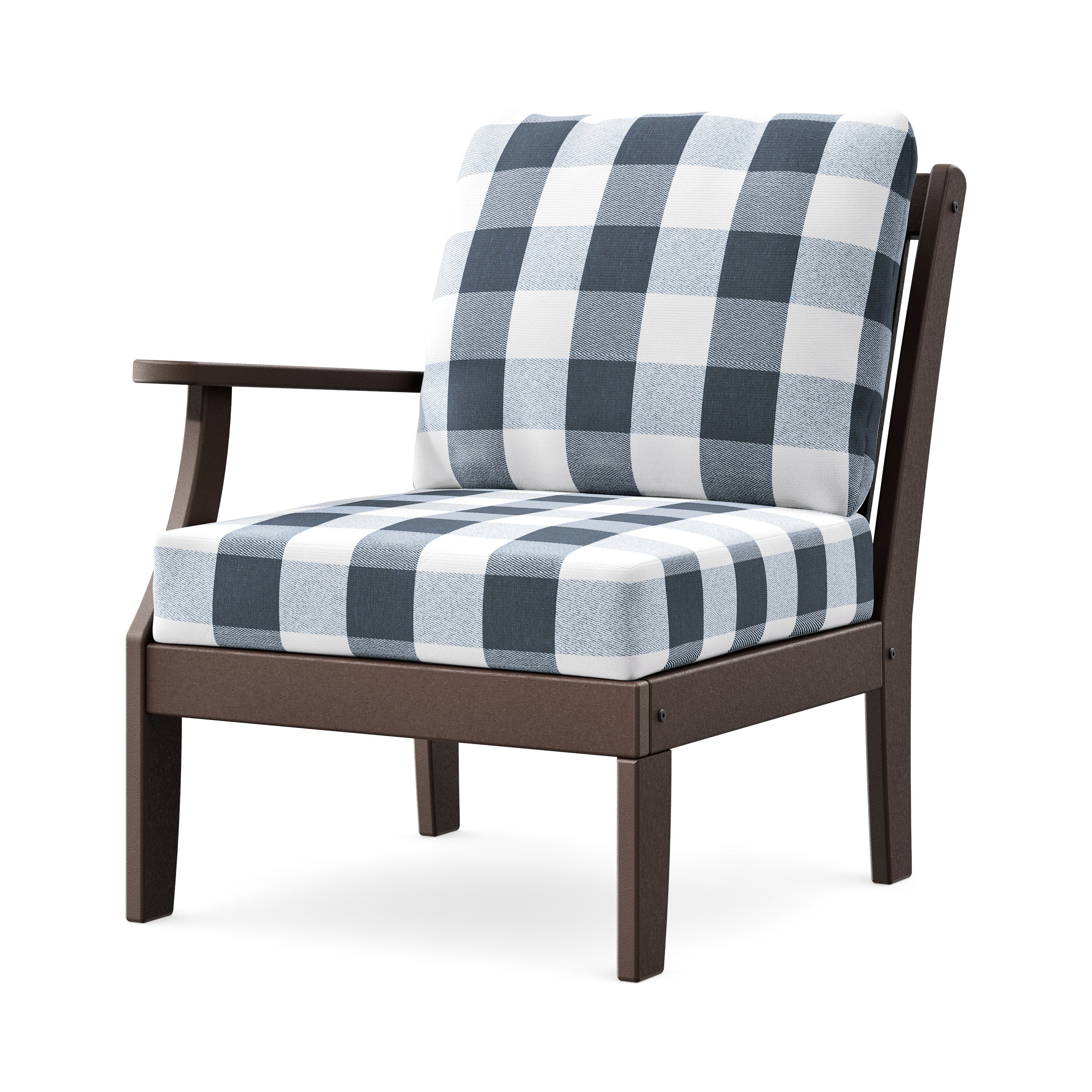 Braxton Modular Left Arm Chair in Mahogany / Buffalo Plaid Marine Indigo