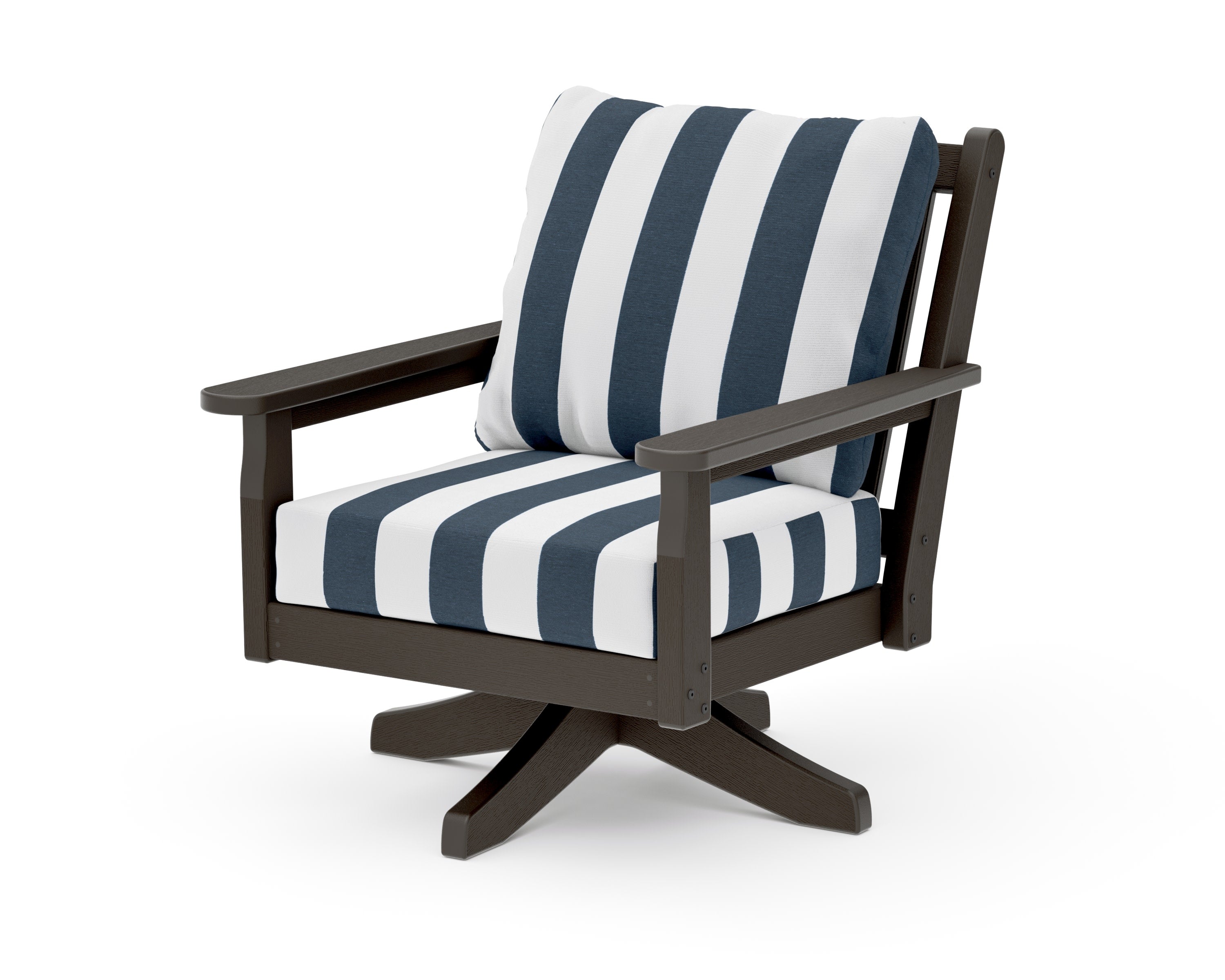 Chippendale Deep Seating Swivel Chair in Vintage Coffee / Cabana Stripe Marine Indigo