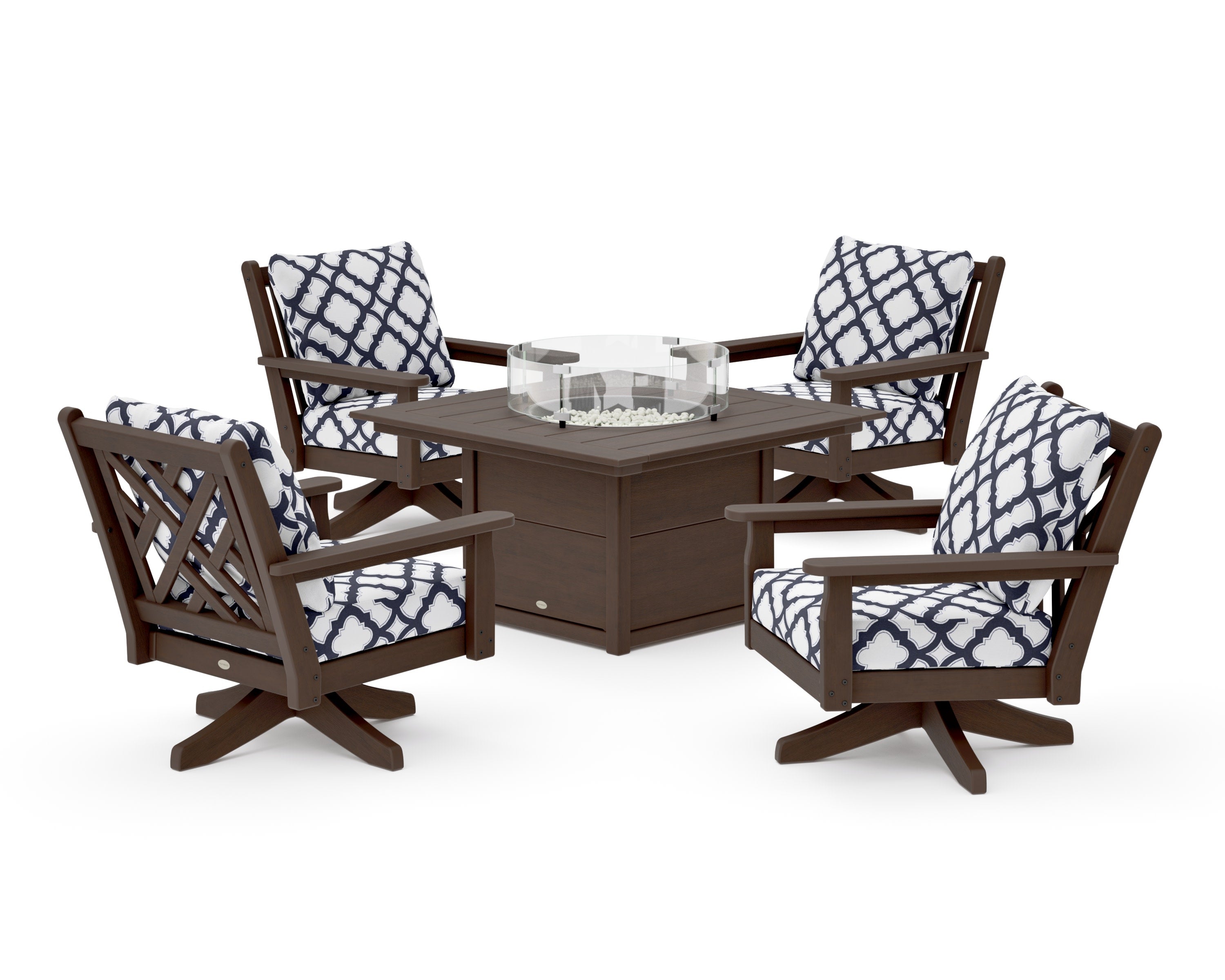 Chippendale 5-Piece Deep Seating Swivel Conversation Set with Fire Pit Table in Kona / Trellis Navy