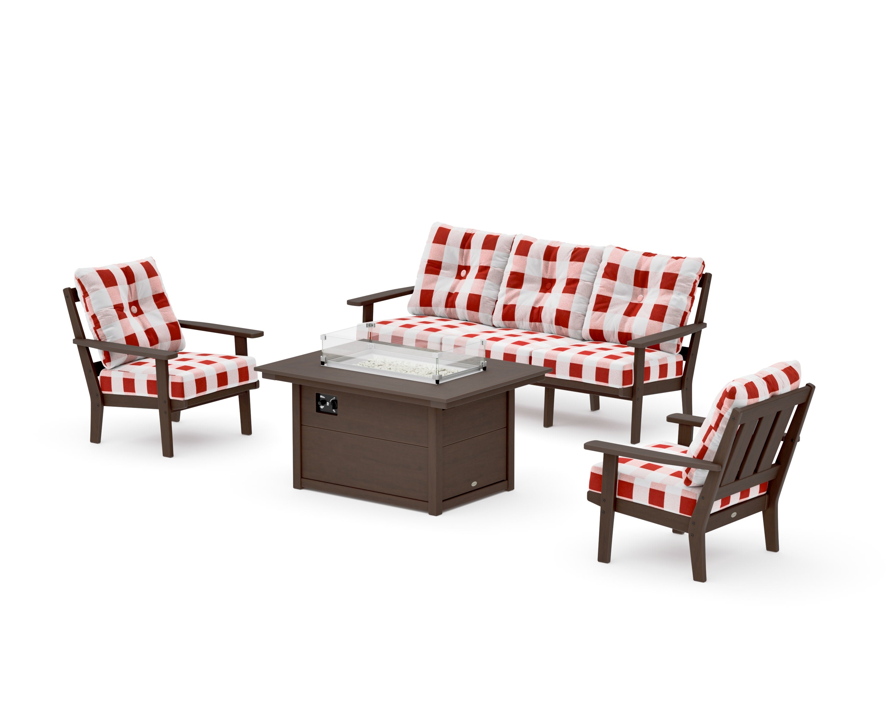 Oxford Deep Seating Fire Pit Table Set in Kona / Buffalo Plaid Crimson