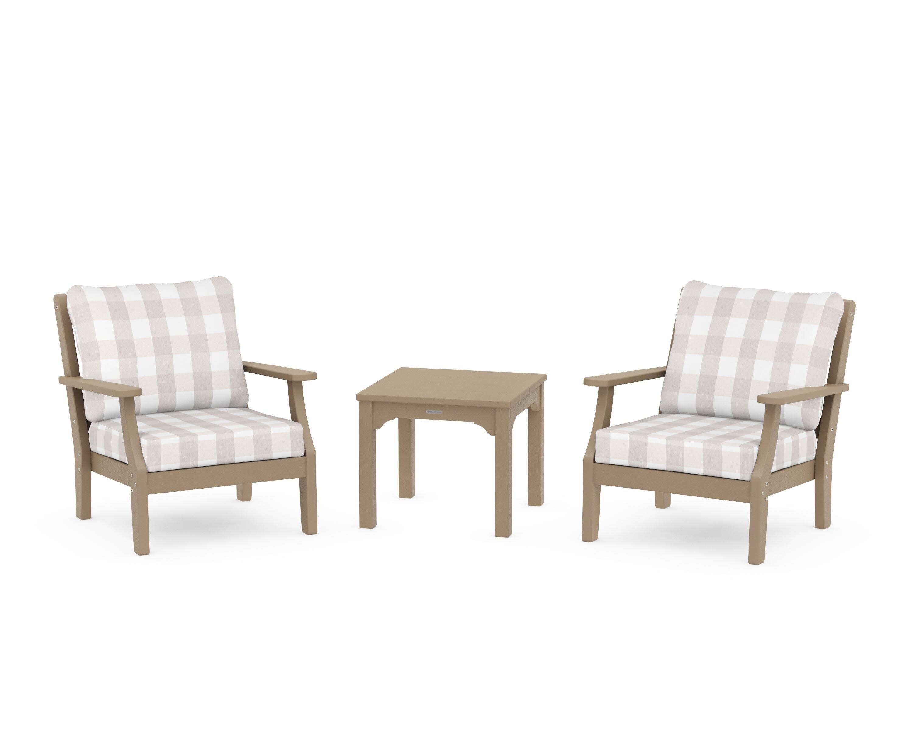 Chinoiserie 3-Piece Deep Seating Set in Vintage Sahara / Buffalo Plaid Dune Burlap