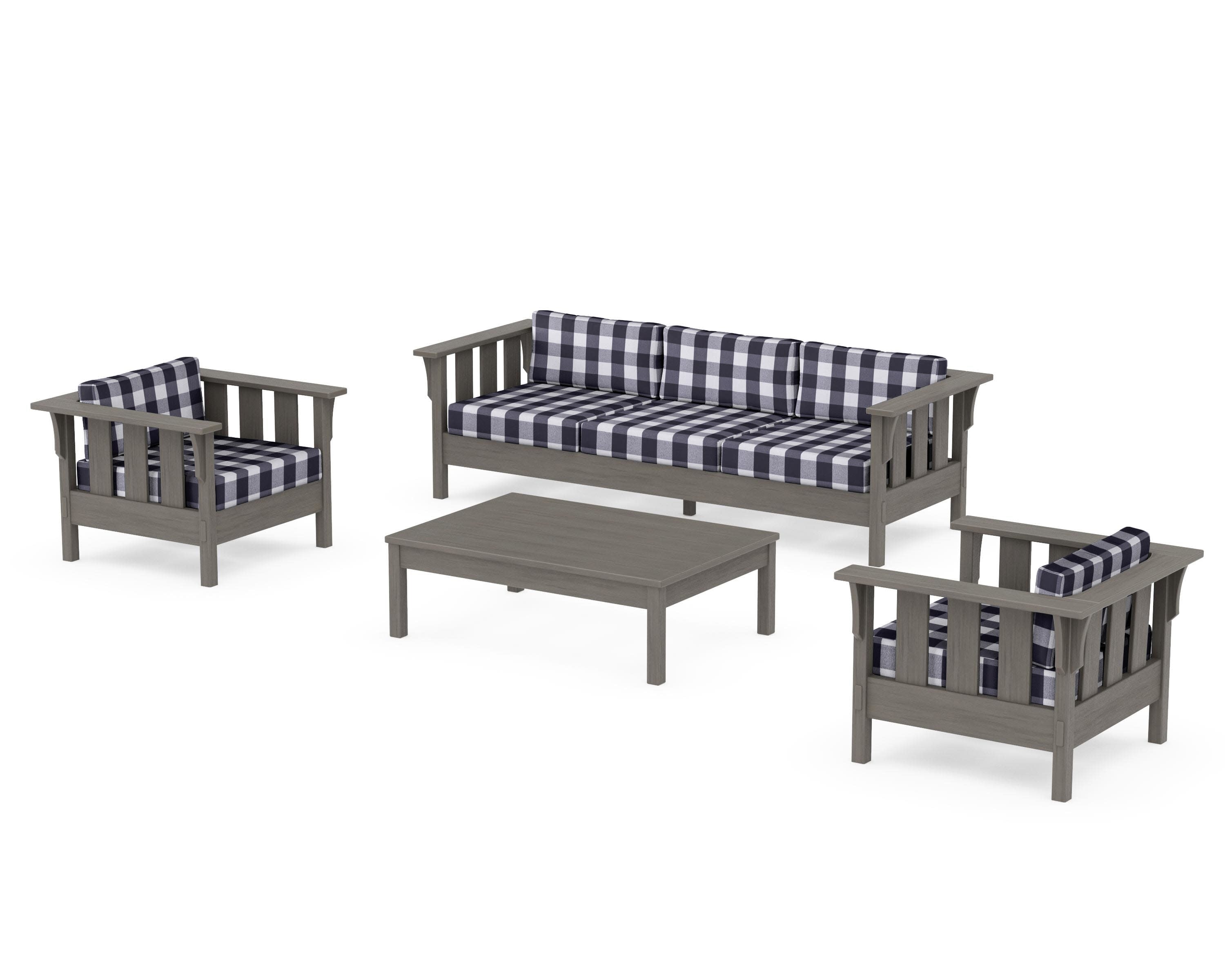 Acadia 4-Piece Deep Seating Set with Sofa in Driftwood / Buffalo Plaid Navy