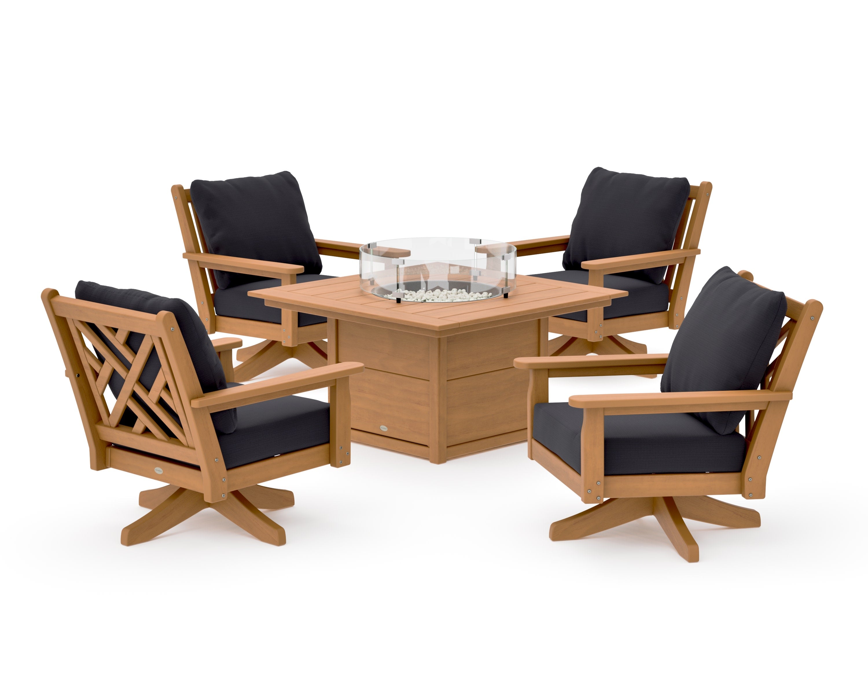 Chippendale 5-Piece Deep Seating Swivel Conversation Set with Fire Pit Table in Natural / Midnight Linen