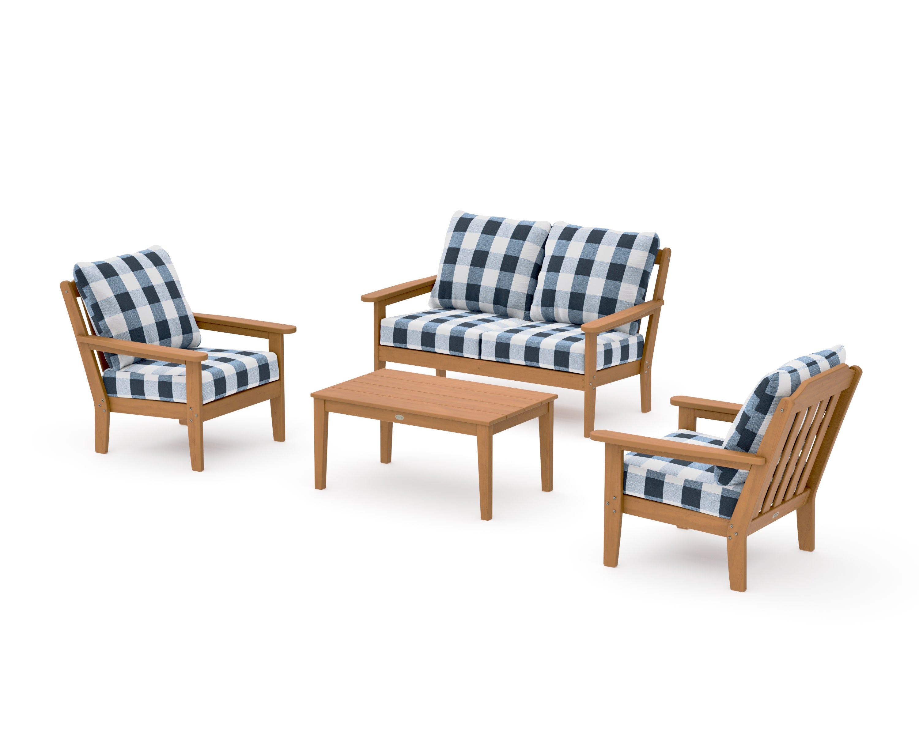 Cottage 4-Piece Deep Seating Set with Loveseat in Natural / Buffalo Plaid Marine Indigo