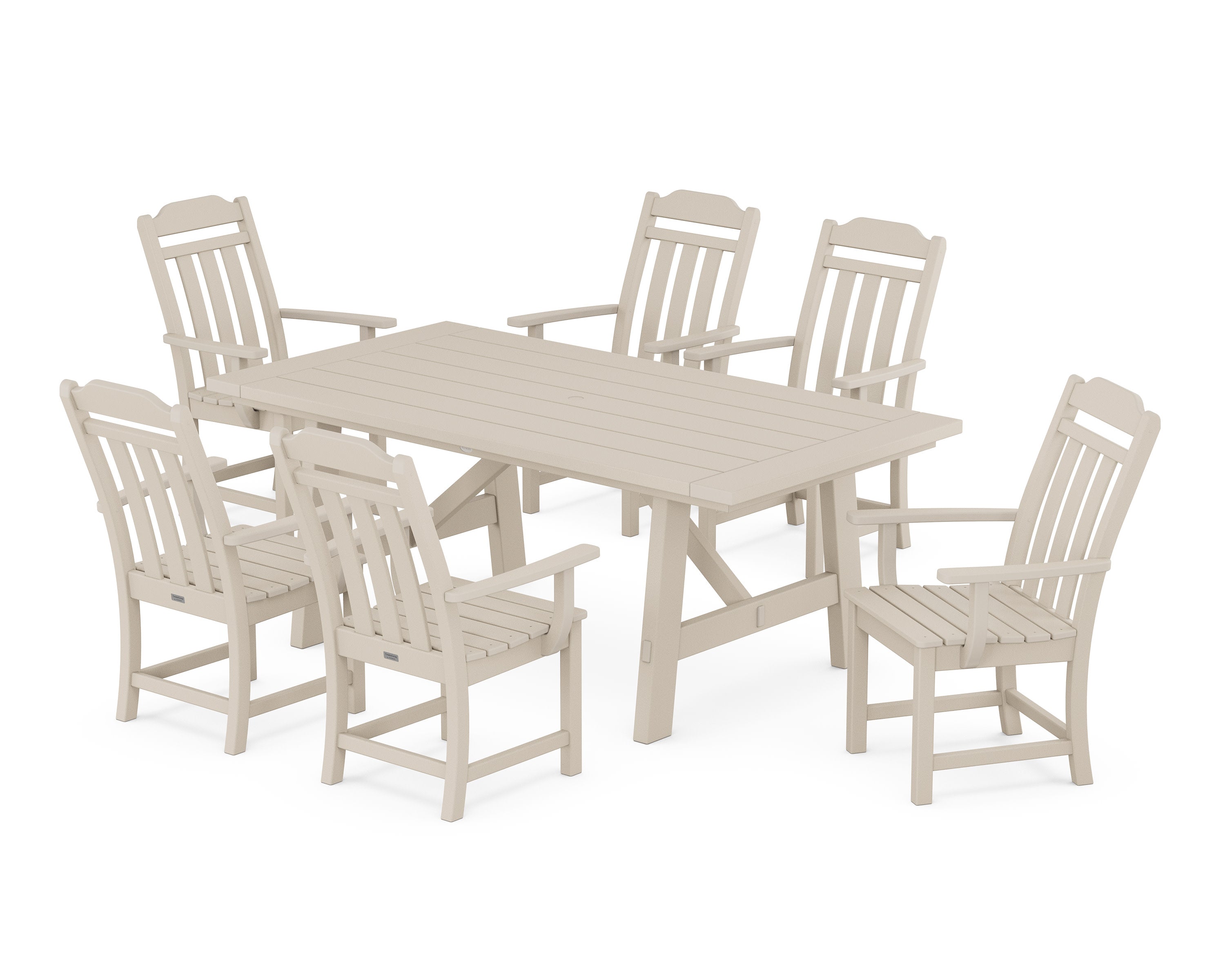 Cottage Arm Chair 7-Piece Rustic Farmhouse Dining Set in Sand