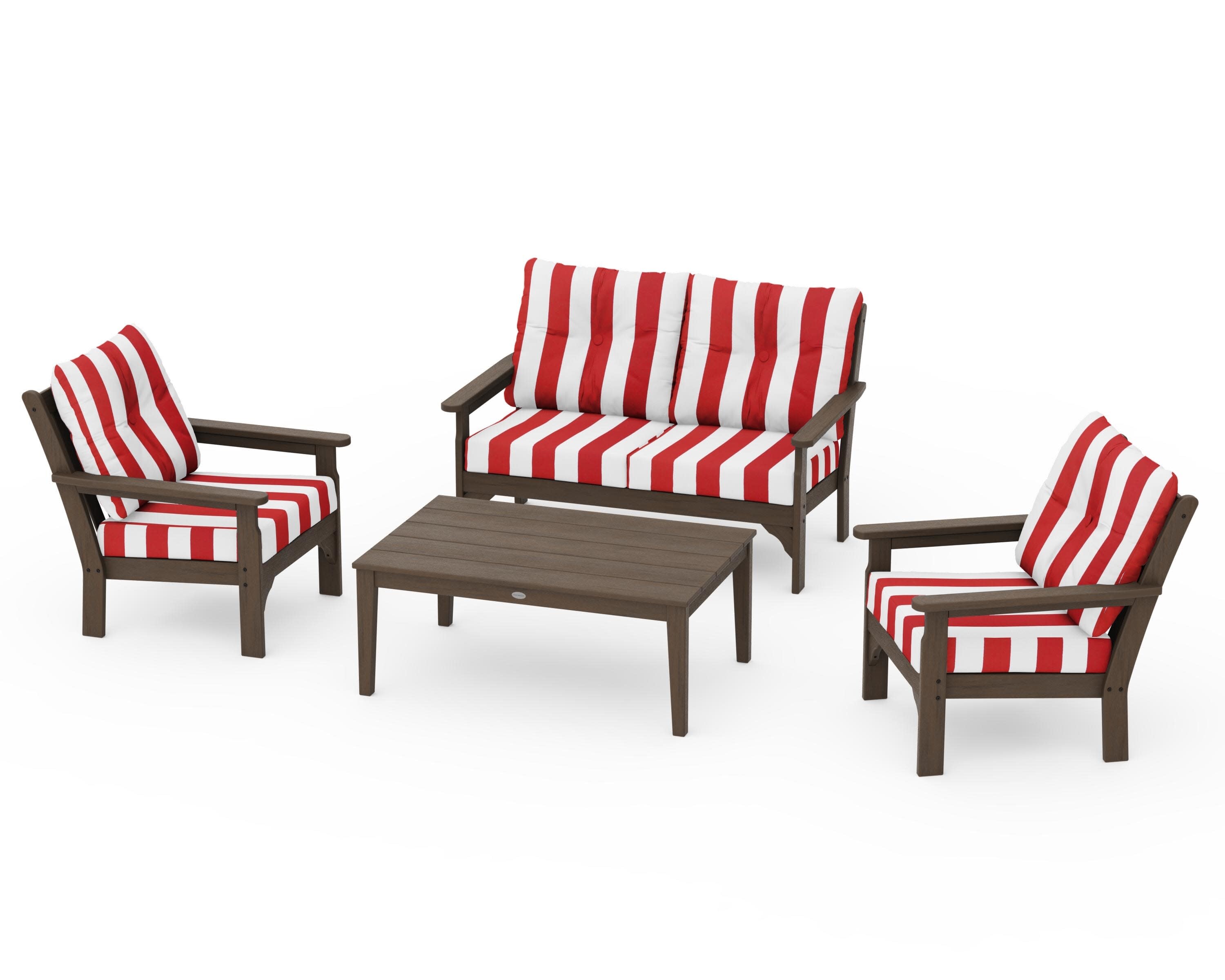 Vineyard 4-Piece Deep Seating Set in Kona / Cabana Stripe Crimson