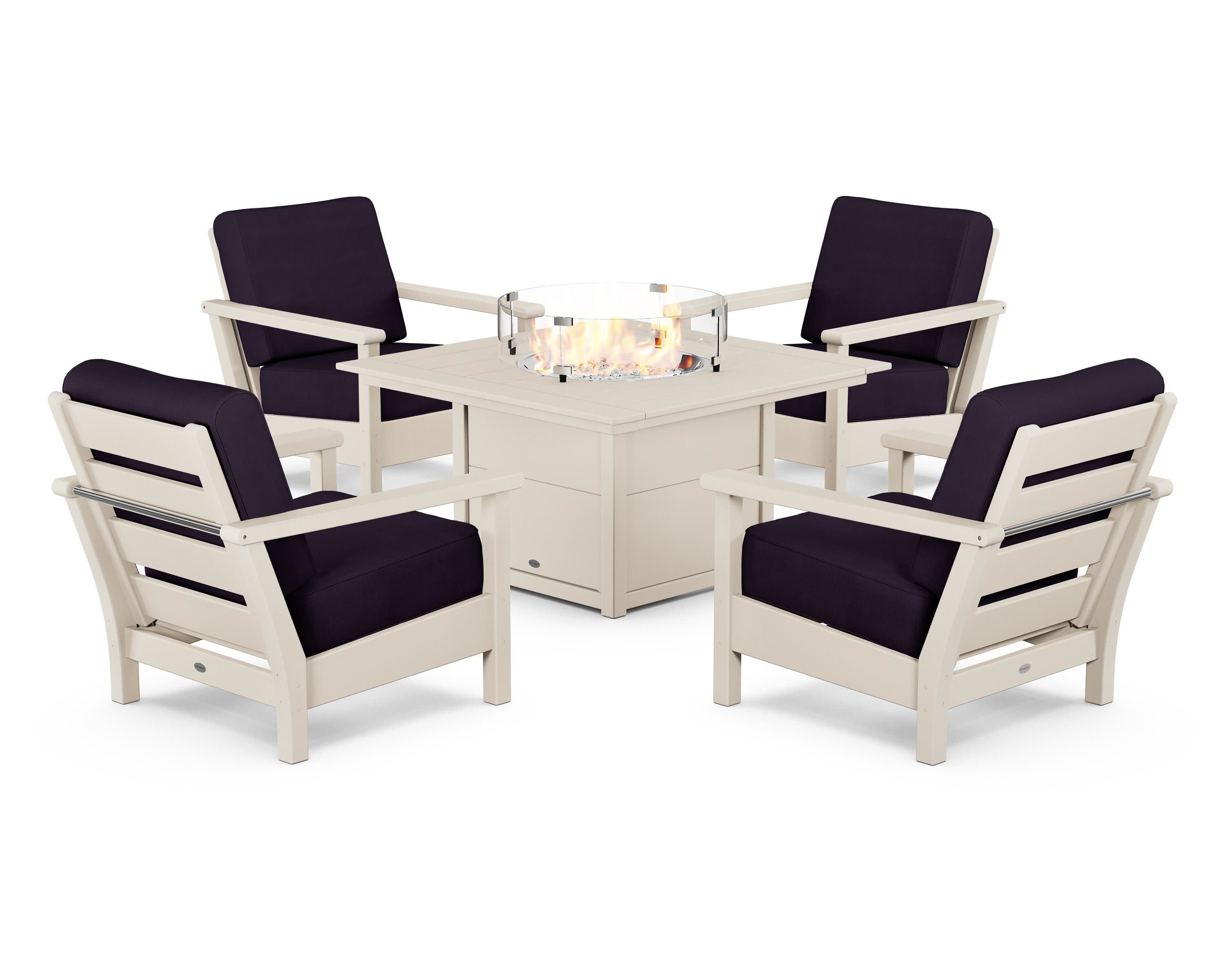 Harbour 5-Piece Conversation Set with Fire Pit Table in Sand / Navy Linen