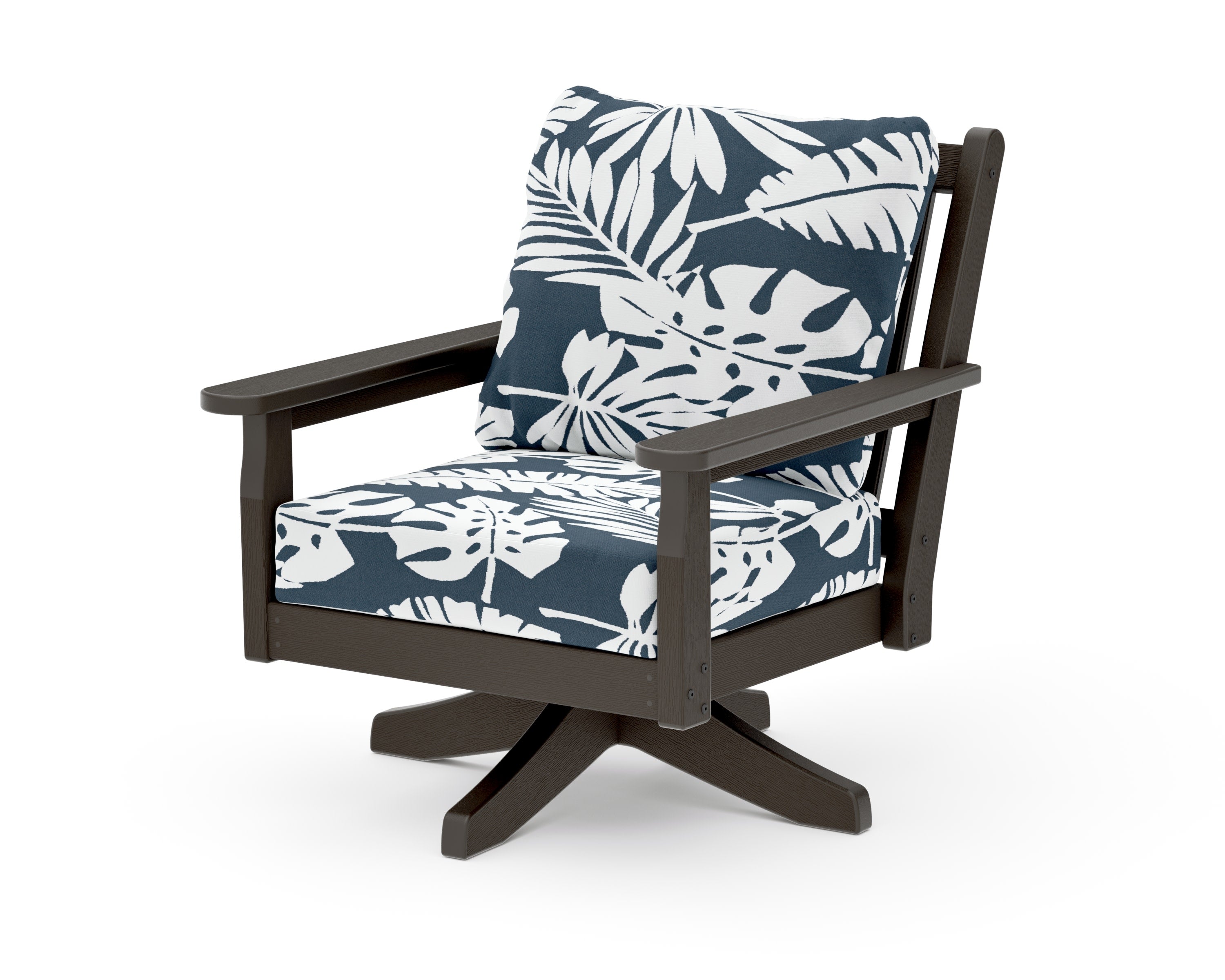 Chippendale Deep Seating Swivel Chair in Vintage Coffee / Leaf Marine Indigo