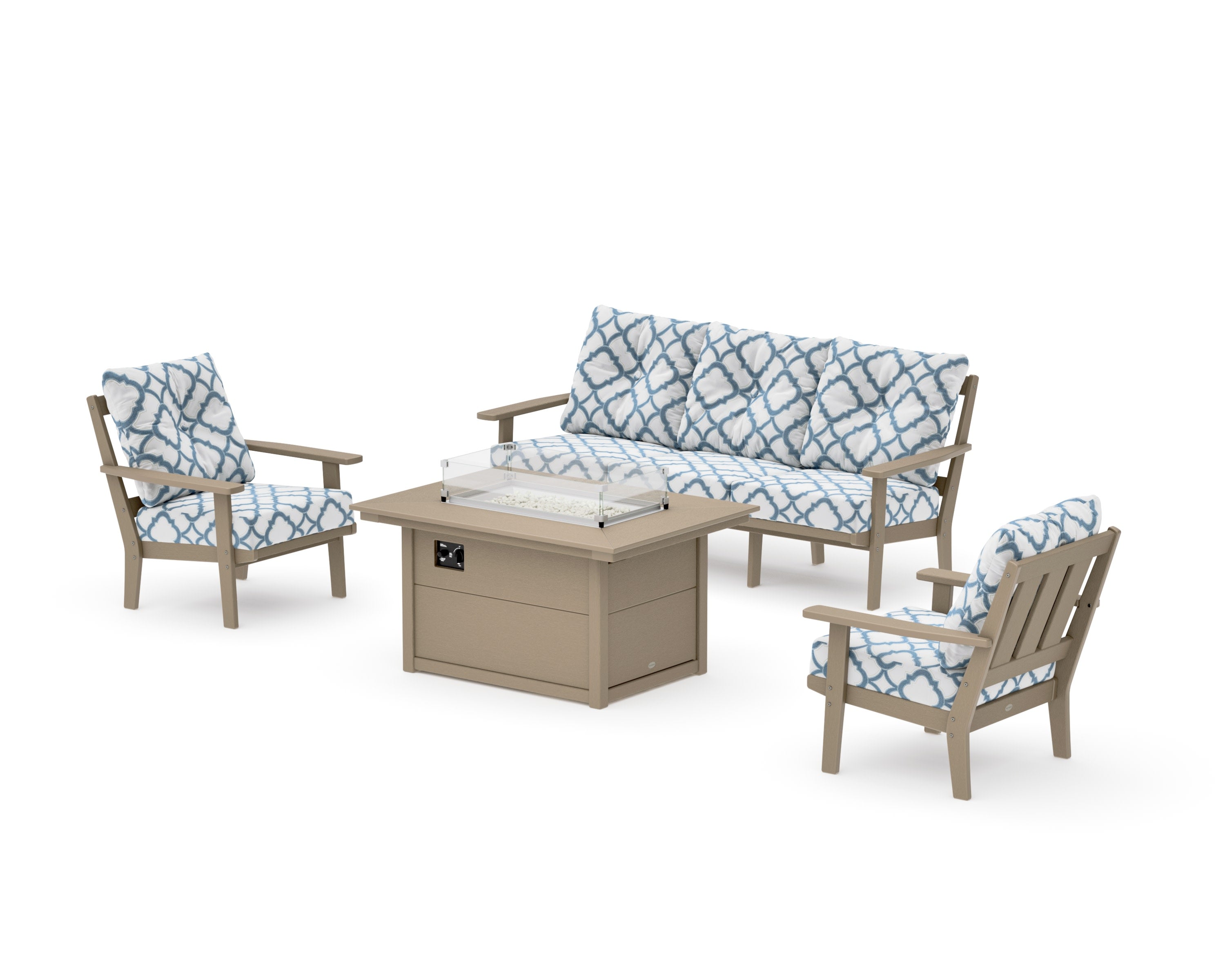Oxford Deep Seating Fire Pit Table Set in Vintage Sahara / Trellis Sky Blue