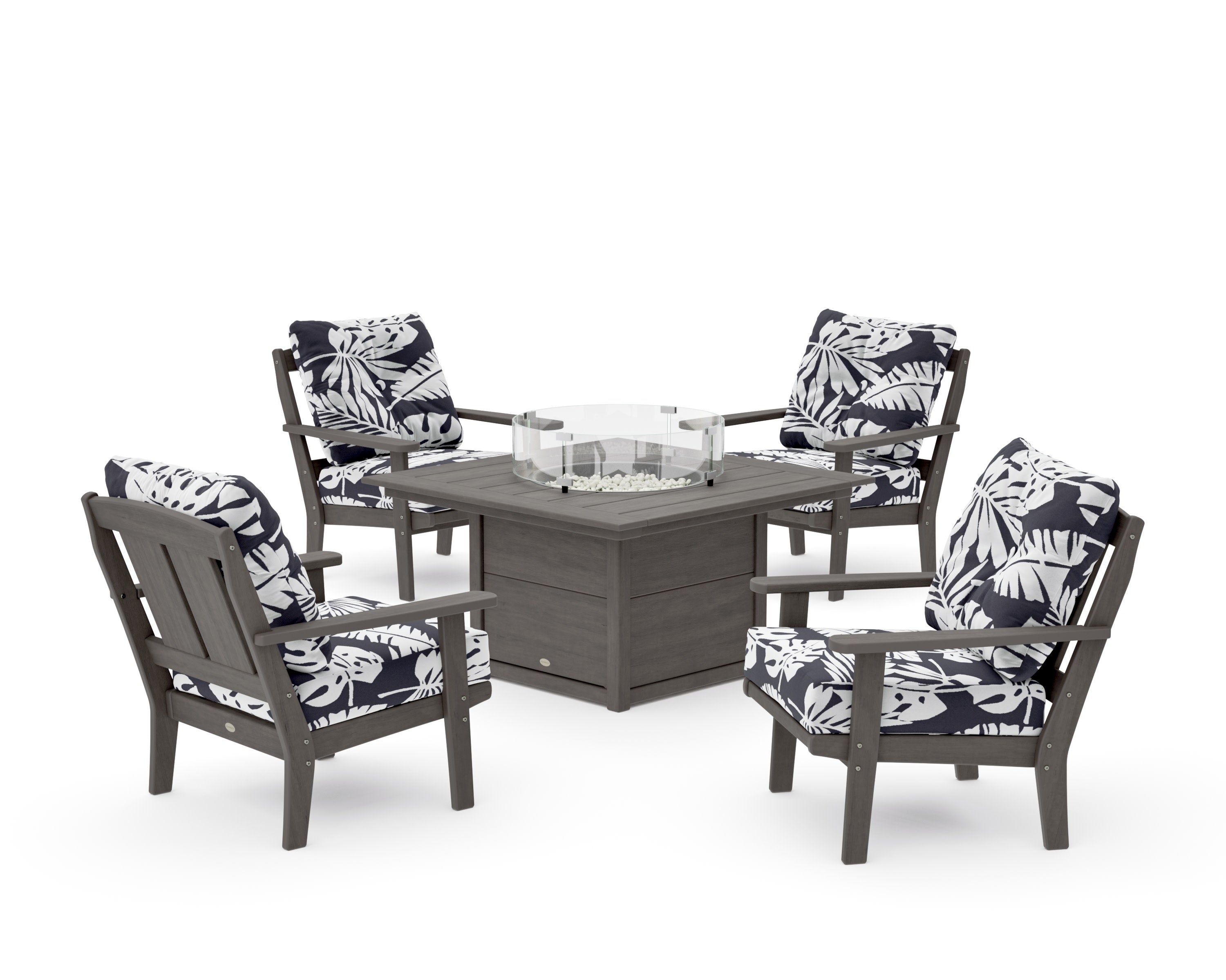 Mission 5-Piece Deep Seating Set with Fire Pit Table in Driftwood / Leaf Navy