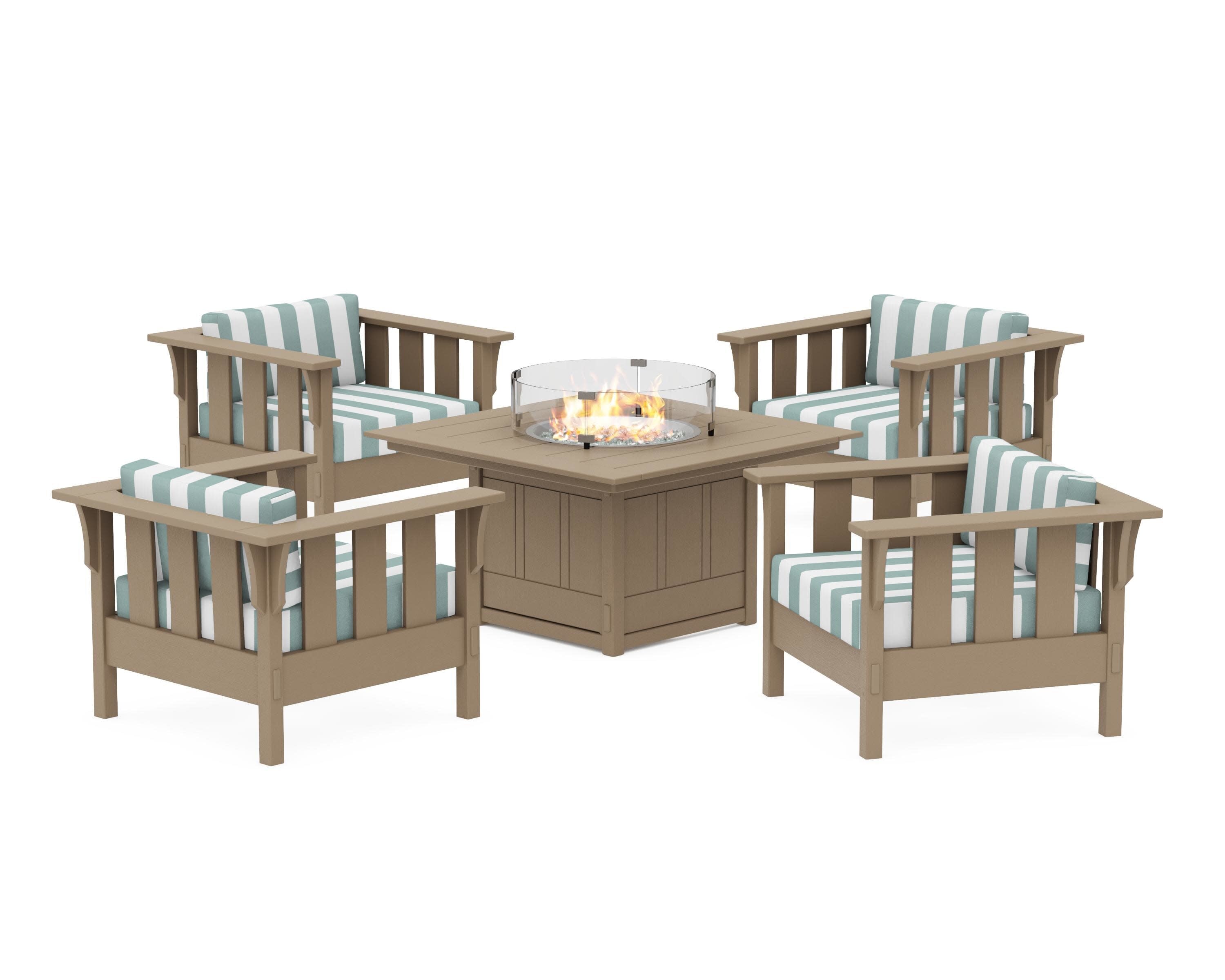 Acadia 5-Piece Deep Seating Set with Fire Pit Table in Vintage Sahara / Cabana Stripe Glacier Spa