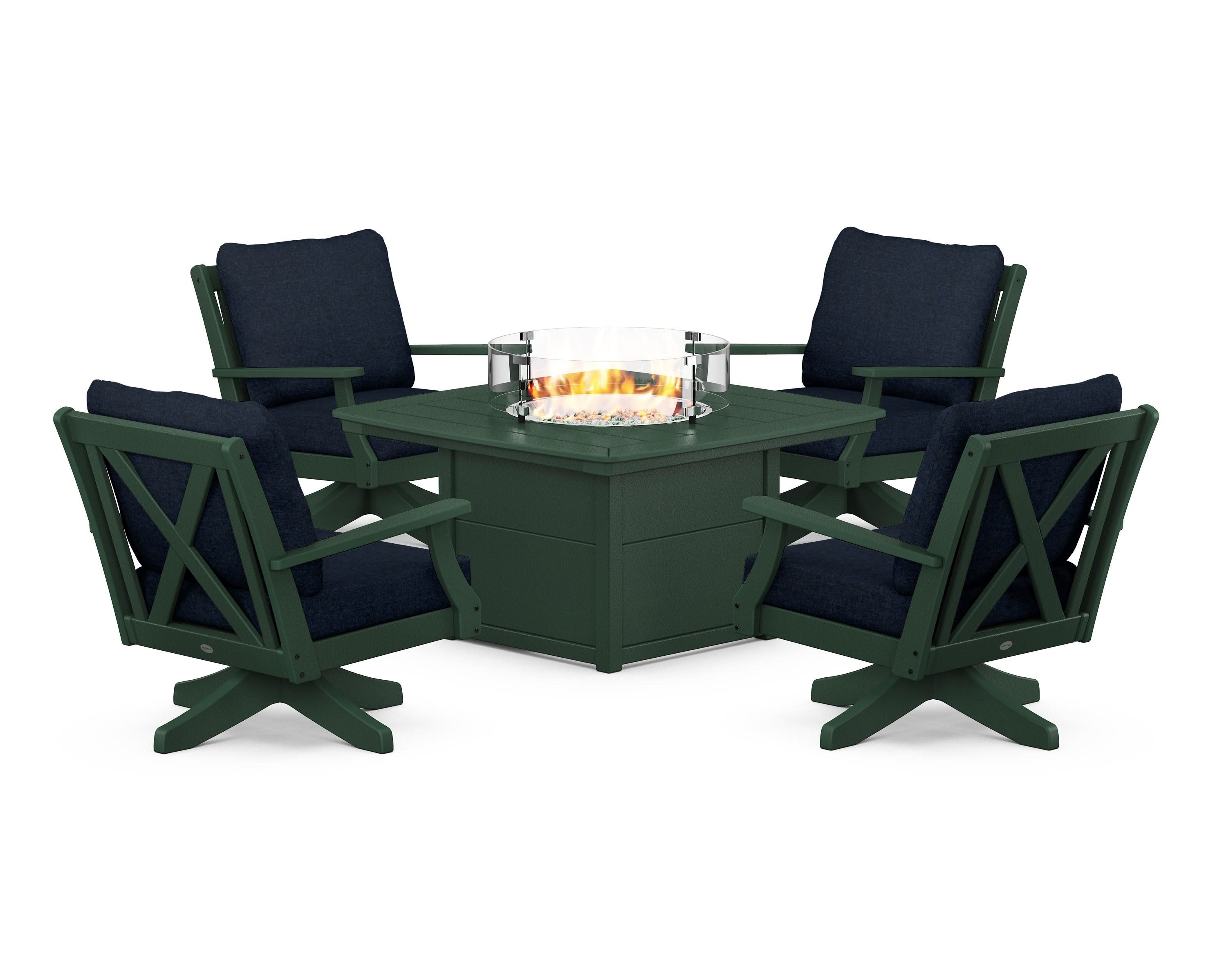 Braxton 5-Piece Deep Seating Swivel Conversation Set with Fire Pit Table in Green / Marine Indigo