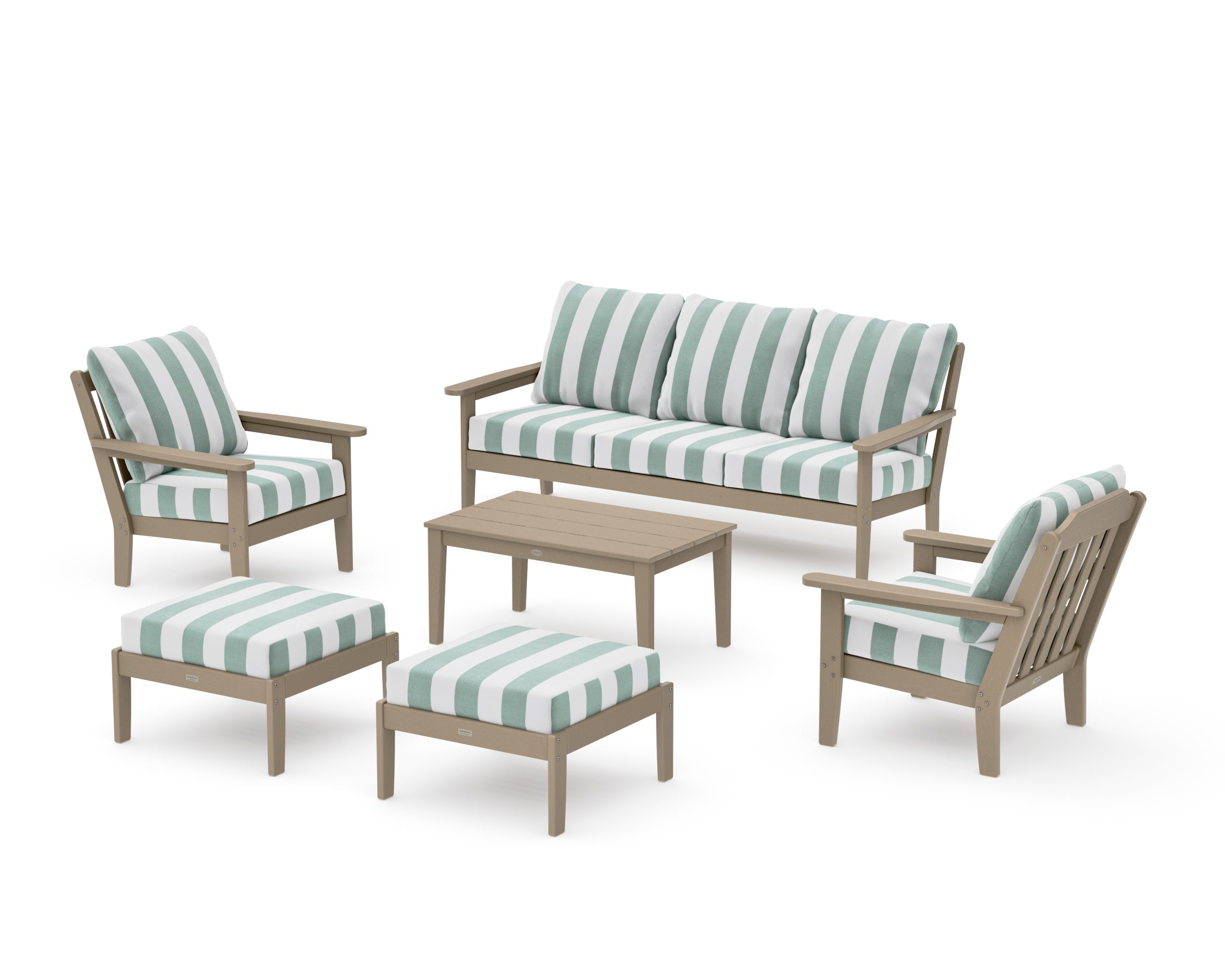 Cottage 6-Piece Lounge Sofa Set in Vintage Sahara / Cabana Stripe Glacier Spa